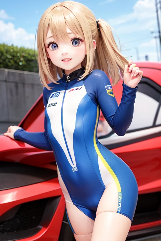 (masterpiece, best quality: 1.2), pretty girl, 18 yo, (white, race queen), (fight-fitting grid girl outfit with sponsor's logo printed:1.3), tight-fitting high leg leotard, long-sleeve latex leotard, medium breasts, cowboy shot, looking at viewer,
 short hair, 