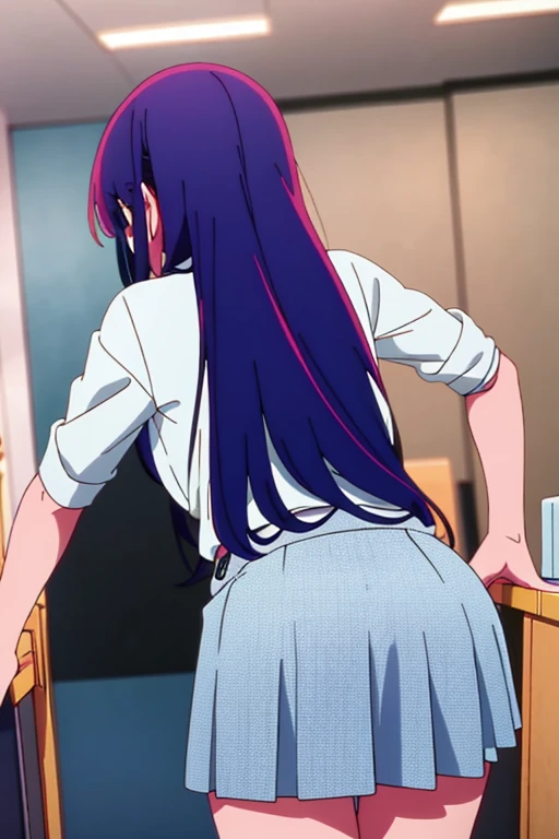 (score_9_up, score_8_up, score_7_up), (masterpiece, best quality, ultra detailed, intricate details, source アニメ, high resolution, smooth lines), hoshino ai, 1girl, 独奏, Purple Hair, Purple eyes, Long Hair, (star-shaped pupils:1.2), アニメ, peace fingers, medium breasts, completely nude, NSFW, アニメ screencap, (back view) thighs, shapely buttocks, butt meat