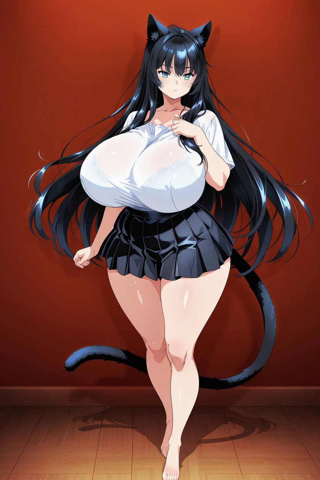 A female version of Godzilla with big breasts, a comfortable body, long black hair, black bikini, tail, she is gigantic