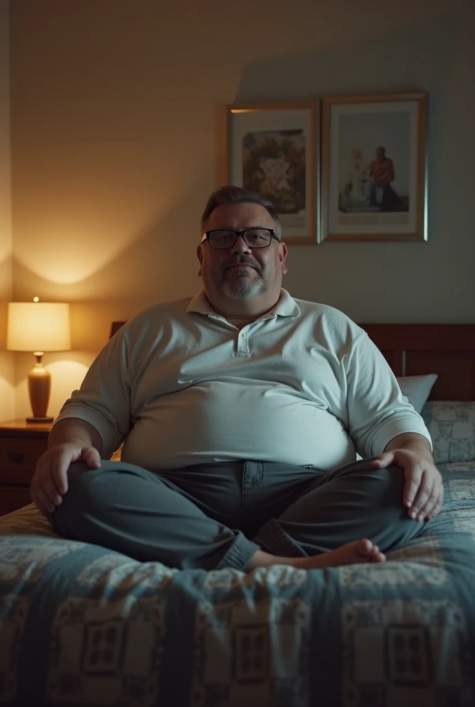 A chubby middle-aged man，wear short shorts，punky style，Sit on the edge of the bed in the bedroom，Large glass window next to the bed，Strong limbs，Background science fiction，High-rise buildings outside the window，