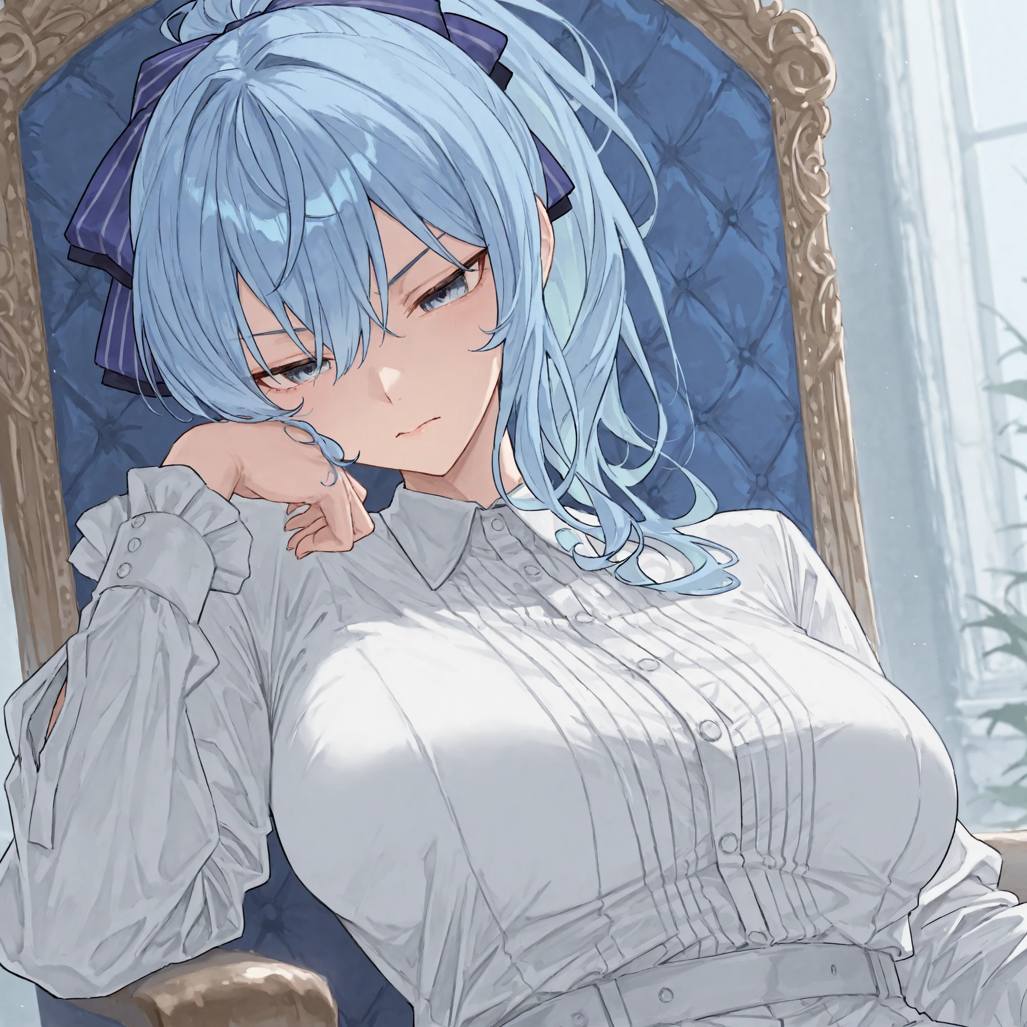 Ayaka, Long Blue Hair, Beautiful Face,smile,Close up to the hips, Mid-chest, Sit on the bed, Beautiful white pajamas, (Open your mouth:0.4),figure,Detailed Texture(Realist),Super detailed,Portrait Style,Vibrant colors,Soft lighting, Blushing, mature, No bra