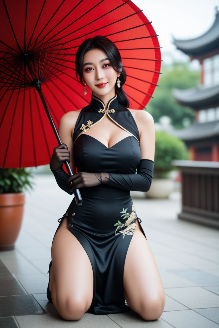 (Unity 16K Wallpaper, Masterpiece, Best Quality, Ultra-Detailed, Extremely Detailed CG, Beautiful Detailed Eyes, solo, curby,bare shoulders, china dress, chinese clothes, short dress, thighs, voluptuous, Chinatown), Ultra High Resolution, fine skin、sexy, Sweat, 16 years old, smile