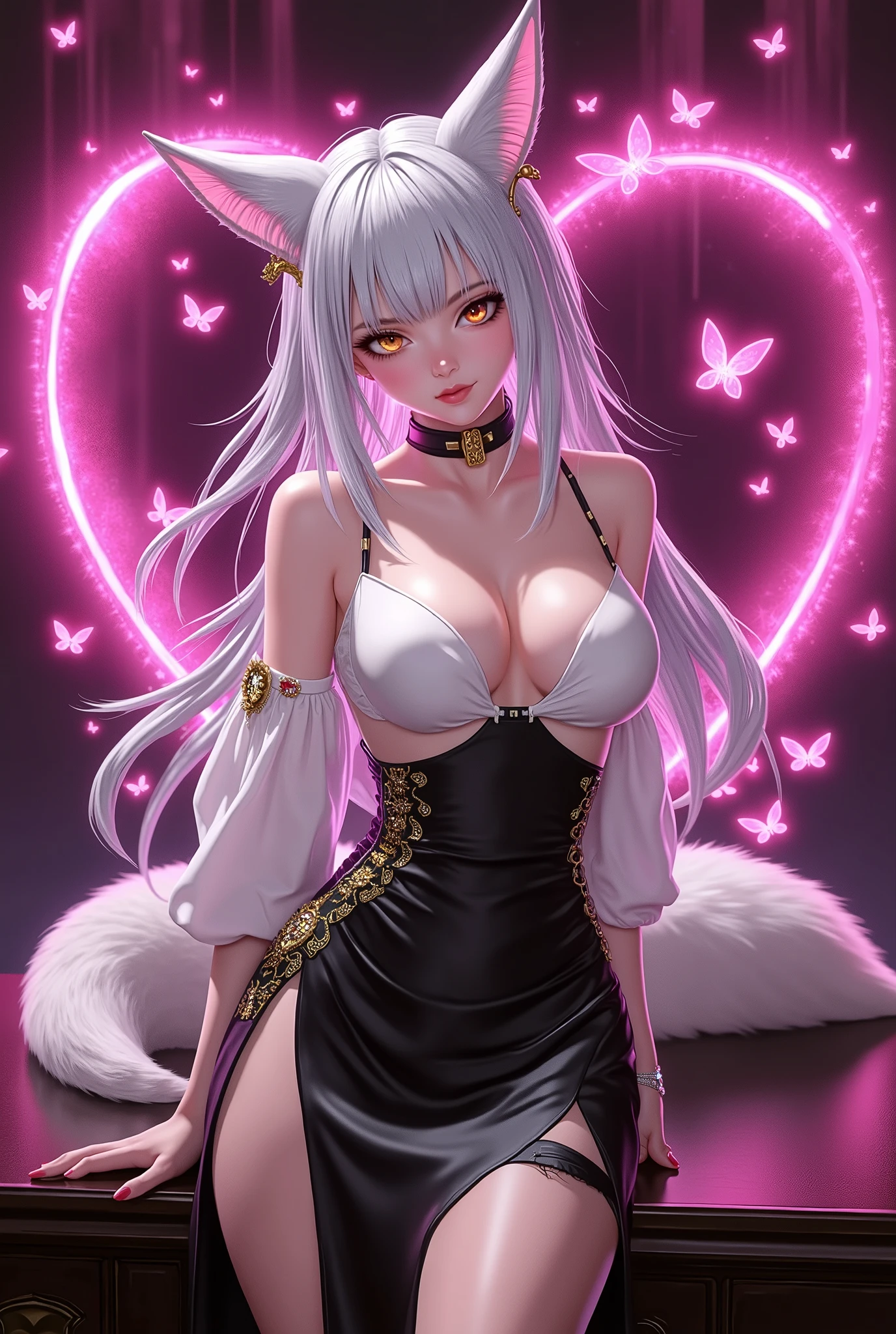 Silver hair, pink eyes, body, cat ears, girl, earrings, heart background fantasy, godly, hair bows