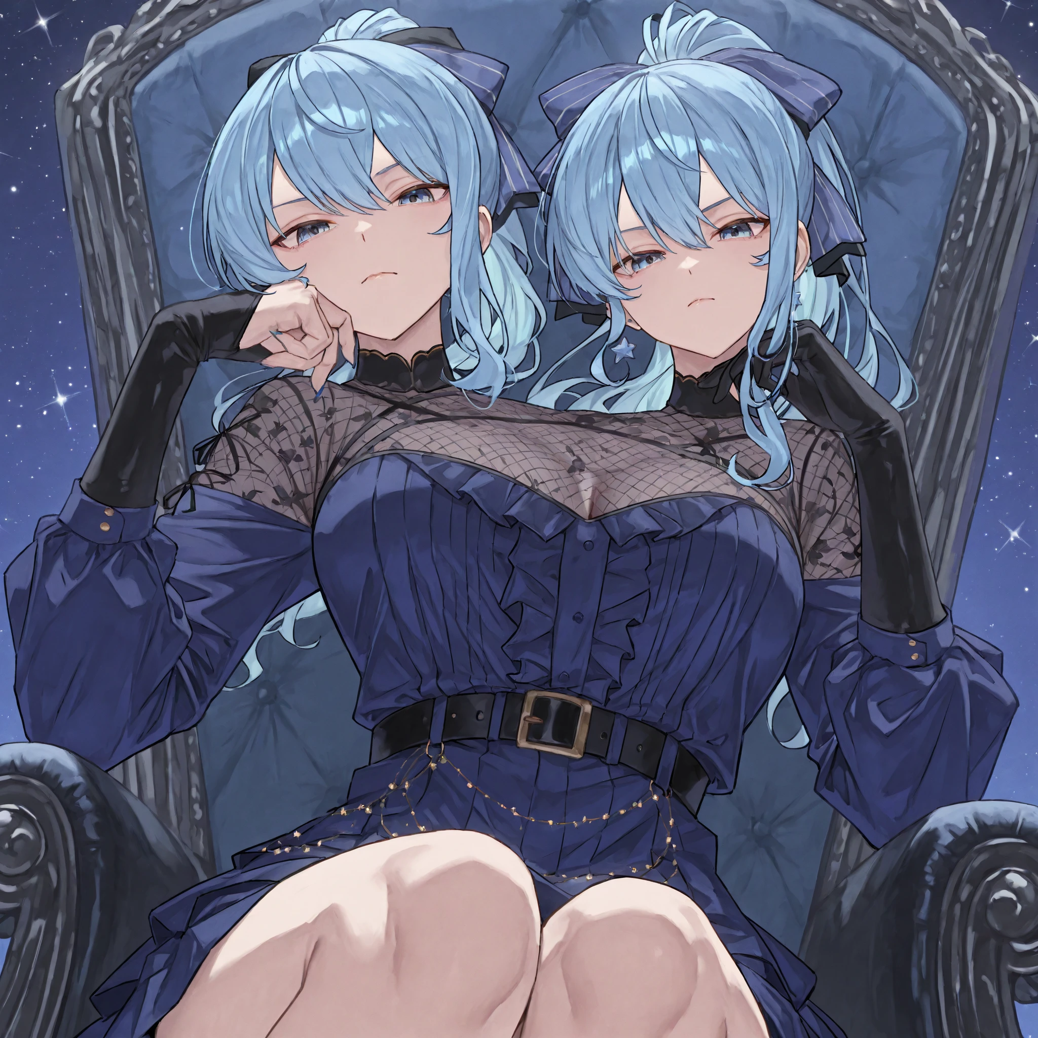 Masterpiece,best quality,best resolution,1 woman,2 heads,details,Firefly character,long gray hair,hair accessories,Blue and purple gradient eyes,blushing,Wearing a white dress with a black cloth draped over the shoulders with a gold pattern and long white sleeves.(blue cloth chest),wearing a long blue skirt,Wear long blue socks.,normal breasts,lying on the bed,bedroom background,conjoined twins,Beautiful face,Beautiful hair,beautiful eyes,beautiful body,beautiful hands,Kiss each other