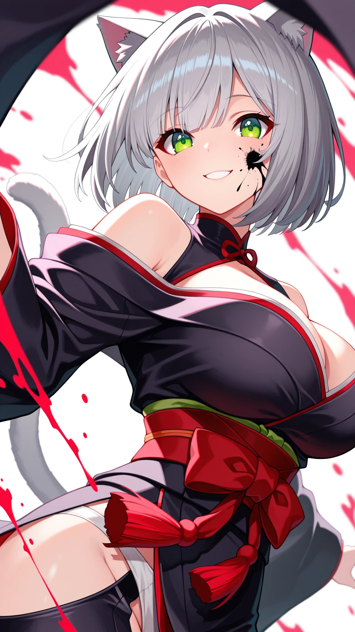 1girl, Tilted Head, , straight hair/tight to fit,bob hair/// hair above eyes, Red Eye, Kimono, off shoulder, , Subject Focus, Complementary Color, abstract, splatter, splash art, action motion, simple background, masterpiece, High Quality, 最High Quality, high resolution//Has perfect beauty、A full-body portrait of an elegant anime cat woman, Smooth gray hair  , and striking green eyes , スタイリッシュな現代風のKimonoに金の刺繍、And the cat's tail that can be seen from behind, / graceful, playful, and gentle smile, delicately decorated cat ears, perfect face, very exquisite facial features, extremely clear eye details, shrug your shoulders//Kimonoを脱ぐ//肌けたKimono/ very exposed /shrug your shoulders/I took off more than half//simple blurry background, from below, 彼女は32k解像度の現代的なKimonoを着ています, High Quality, masterpiece.Big breasts/Disconnect/////panties/floats in the air/pulls his panties aside //sight// see here//viewers//Beautiful Eyes//