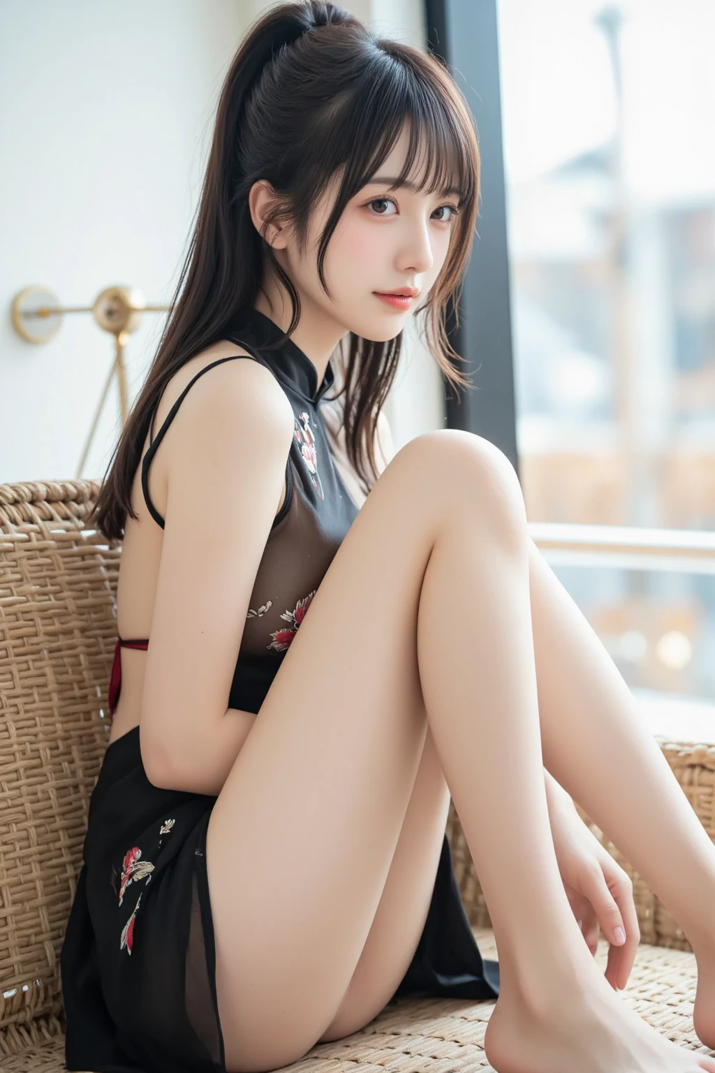 最high quality、high quality、Best image quality、8K、最High resolution、High resolution、最high quality、masterpiece、RAW Photos、whole body写真、Detailed and realistic human body、Detailed and realistic skin、Realistic face in every detail、Detailed and realistic eyes、Detailed and realistic lips、Detailed and realistic teeth、Detailed and realistic ears、Detailed and realistic hair、Realistic reproduction of every detail、((Beautiful Hands(thumb１、reference４))、Realistic feet down to the last detail、((Beautiful Japanese elementary school students))、(Japanese Model)、((Beautiful Japanese Junior High School Students))、((Beautiful 12 year old girl))、(Black Hair)、(Random Hairstyles)、((whole body))、((Child body type))、(Flat chest)、(whole body光沢肌、Fair skin)、Soft natural light、Mini Chinese Dress、Mini Kimono、Ninja costume、Japanese tradition、Japanese garden、((Colorful see-through(花柄のNinja costume))、((Relax in the garden(Poses to make your thighs look beautiful))