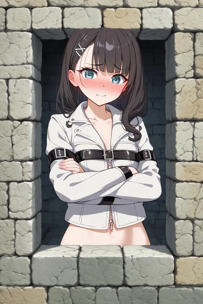 score_9, score_8_up, score_7_up, score_6_up, score_5_up, score_4_up, rating_questionable, pale petite young sex slave with short chin-length hair, post-apocalyptic, wearing a slave collar and shackles, (((post-apocalyptic survivor outfit))), embarrassed and humiliated, (scared:0.5), standing leaning against a wall, exhausted, eyebags, (upper body portrait shot:0.9), masterpiece 2d digital art, (realistic face), <lora:add-detail-xl:0.9>, <lora:13_emb:0.4>, (detailed cute pretty face), <lora:Line Art Style SDXL_LoRA_20r_20e_8i_nr32_a16_Pony Diffusion V6 XL:0.9>, <lora:OldAnimeStyle_XL_v3:0.3> Vintage, 1990s \(style\), small a-cup breasts, gritty, grainy, <lora:slave_restraints:1> slave_restraints outfit,