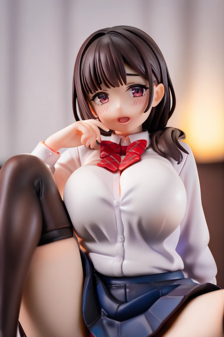 masterpiece, best quality, high quality, perfect anatomy, ultra detailed, perfect design,
BREAK,
high school girl, beautiful detailed face, realistic skin, (shiny glossy skin),
BREAK,
brown eyes, ((realistic eyes)), ultra detailed eyes, beautiful high light eyes, (narrow eyes), ((droopy eyes)), (big eyes), (wide-set eyes), double eyelids, ((half closed eyes)),
BREAK,
brown hair, ((bob cut)), ((straight hair)), (medium side hair), thin hair, (swept bangs), shiny glossy hair, 
BREAK,
seductive smile, (open mouth), tongue out, (feeling weak), ((embarrassed)), (nose blush),
BREAK,
((white solid bra)), ((white solid panties)), 
BREAK,
(school uniform, light brown jacket/blazer), (((long sleeve white shirt, unbutton, open clothes))), ((gray check pattern printed skirt)), (((black pantyhose))), small breasts, breasts exposed, cleavage, big areola, erection of nip-ples, camel-toe, wind lift,
BREAK,
(standing), (((show off bra))), (spread legs), ((from above)), (((looking up))), (((focus face))),
BREAK,
(classroom), top light, warm light