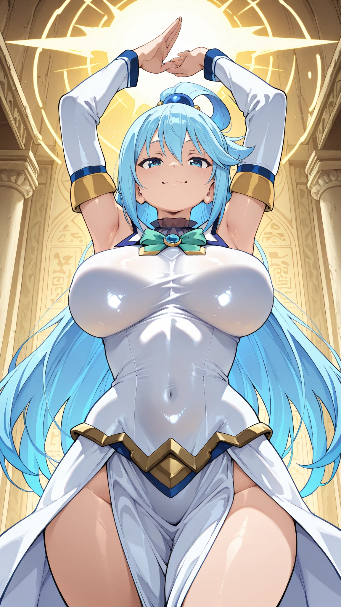 ultra realistic 8k cg, masterpiece, ((ultra detailed background,  intricate detail, highly detailed, fine details best quality, hyperdetailed face)), gigantic breasts ,beautiful lighting, absurdres, BoaHancockV2,  1girl, solo, (light blue hair), long hair, jewelry, closed mouth, ), ((Wearing shiny gold armor: 1.4)， (Saint Seiya Armor: 1.4), (underboob : 1.4), curvy, midriff, curvy, thighs, shiny clothes), blue eyes, complex detailed background, inside, luxury palace), ((cowboy shot)), curvy, (gigantic breasts: 1.1), seductive smile, cowboy shot,