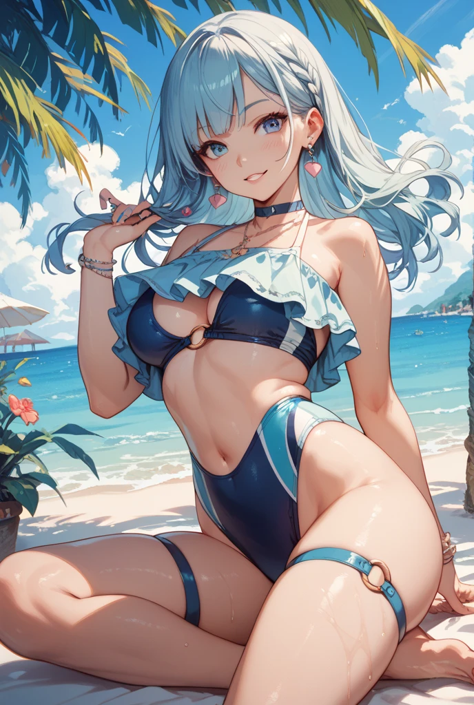 Masterpiece, top quality, meteorites
clouds, swimsuit, cat-eared girl, full body, far shot, bikini, sky, side tie_bikini, barefoot, chest, solo, blue_sky, looking_at_viewer, cloudy_sky, blue_bikini, sitting, long_hair, navel, day, front tie_top, build, front tie_bikini, off_shoulder, bare_shoulders, spread your legs