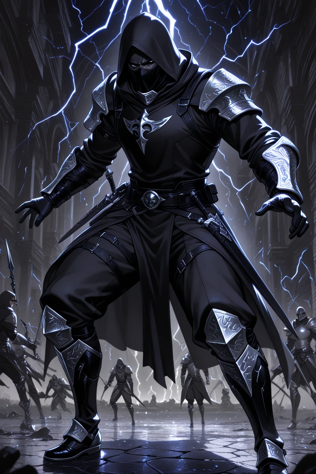 (Ultra detailed:1.3),(Evil:1.3),Dark castle background, (grainy:0.8), (natural lighting:0.8) AND man in dark clothes, detailed metal mask, Casting lightning from the left hand, fog in the feet,(Electric Colors:0.65)