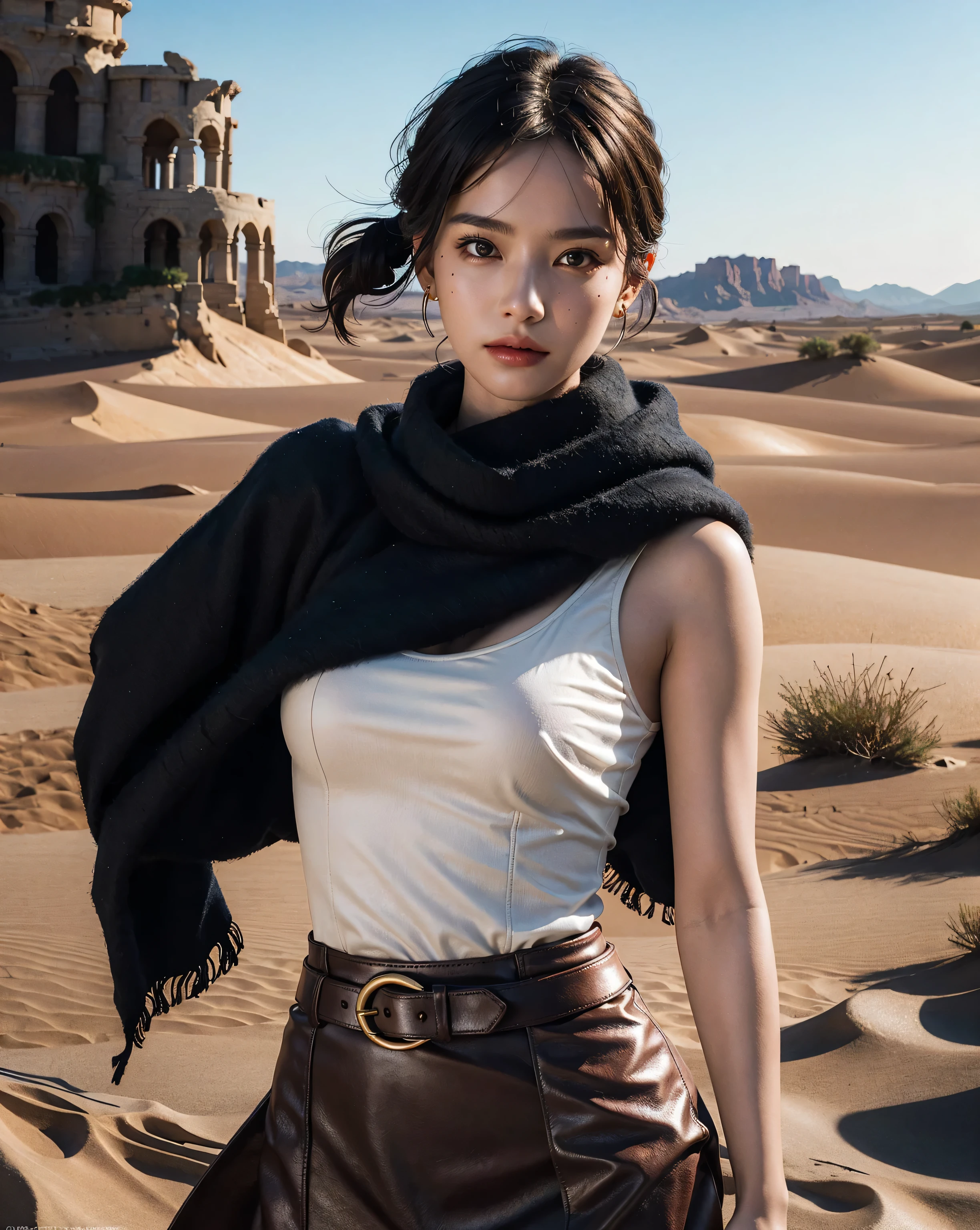 sexy, small breast, gloves, serious face, black cargo pants, shooting, assault rifle, desert scarf, scarf covering mouth, desert oasis, extremely detailed eyes, extremely detailed face, best quality, extremely detailed, one person, one girl, ultra-detailed, (realistic, photo-realistic:1.3)