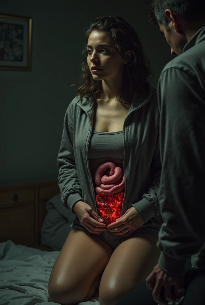 Girl, lying in her bed, while he puts his hand in a hole in the pit of his stomach, with a dull look