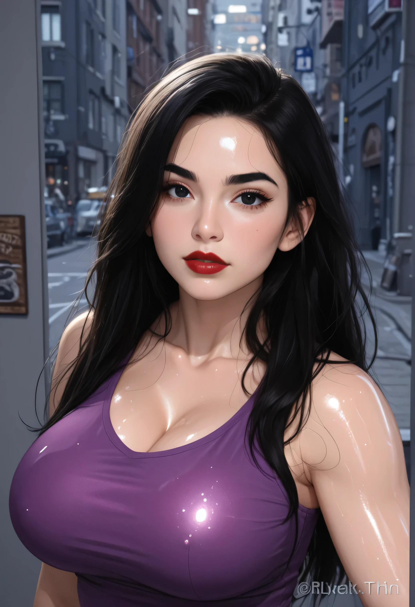 Beautiful girl, 20 years old, deep black hair, blue eyes, she wears an elegant lilac dress. The most beautiful woman in the world, busty. Comic style. Marvel comics style