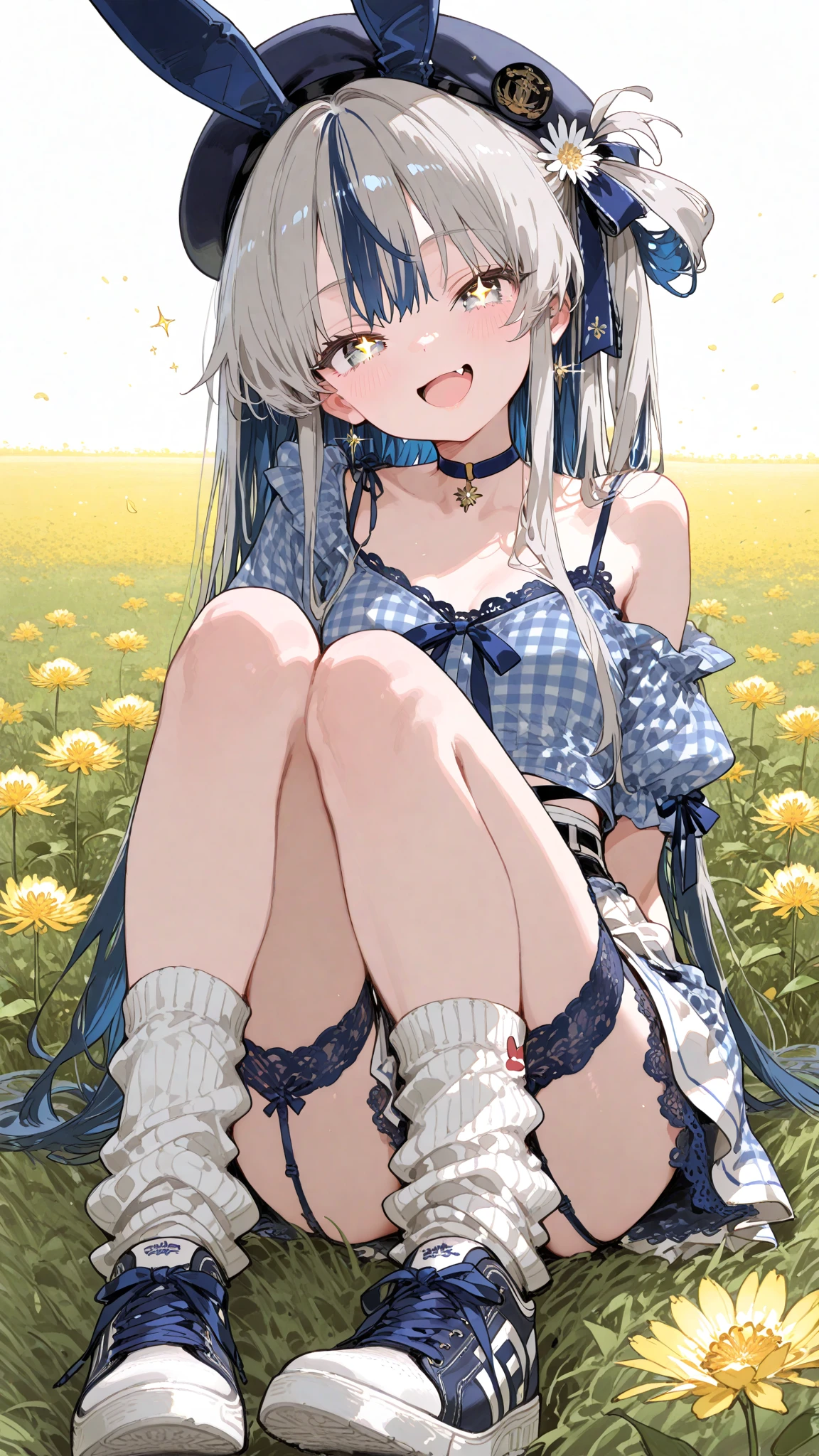 delisha,1girl,one eye closed,white hair,solo,Light leg,smile,looking at viewer,long hair,twintails,blue gloves,blue eyes,dress,<lora:delisha_20230628235820:0.7>,outdoor,on the grass,Headdress,