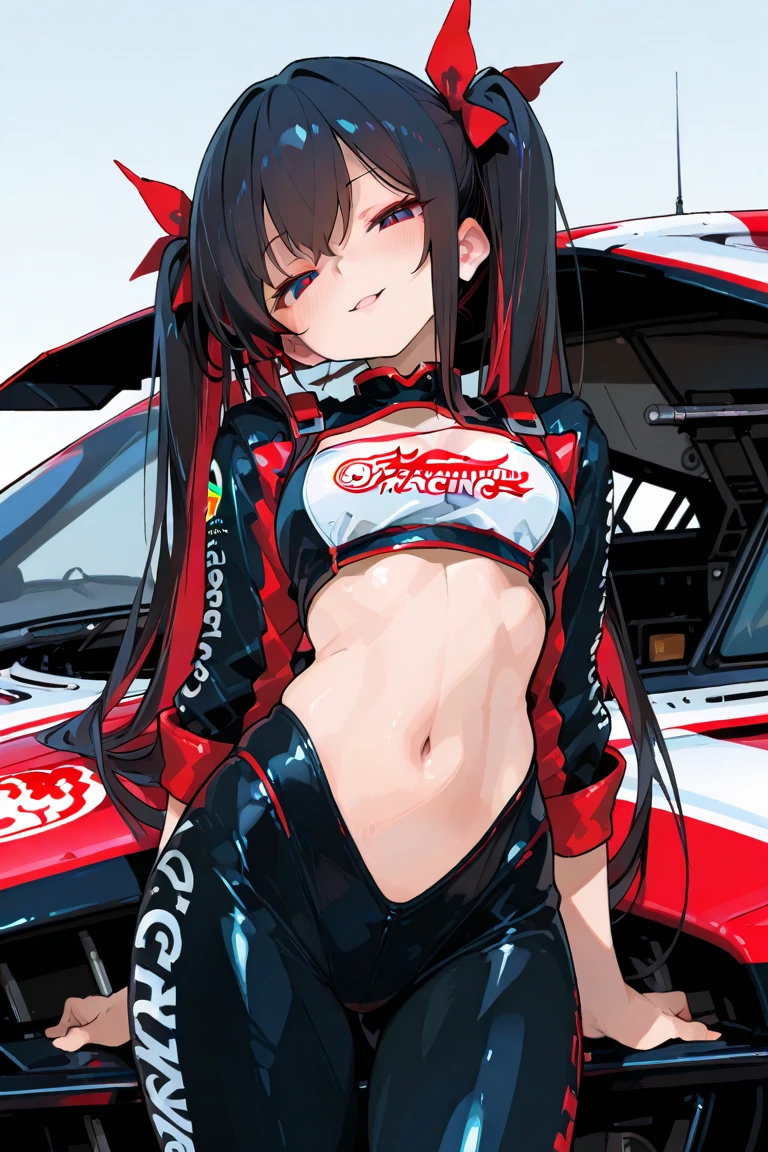 ((masterpiece, best quality)), 1girl, otomo sakura, facial mark, black hair, red eyes, ponytail, red bikesuit <lyco:otomoSakuraBeatmania:0.8>