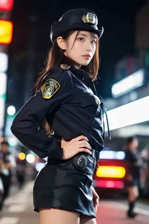 16K, (masterpiece:1.4), (best quality:1.4) ,8K,cinematic lighting,((best quality)), (masterpiece) , (realistic shadow) , depth of field:0.6,(intricate details:1.4), 1women,Japanese,(Super beautiful),(beauitful face:1.5),(A detailed face:1.5),(lip stick:1.1),(eye line:1.2),mascara,eyeshadows,(Slender body:1.3),(large breasts:1.3),brown eyes,(Black short flipped hair:1.3),(asymmetrical bangs),(Japanese women police uniform:1.5),A crowded street in Shibuya, at night,((mideum shot:1.3)),(Glasses:1.3), japanese police uniform,(front view:1.3), BREAK (skirtlift),(wearing detailed red sexy panties:1.1),hairy pussy,camel toe,