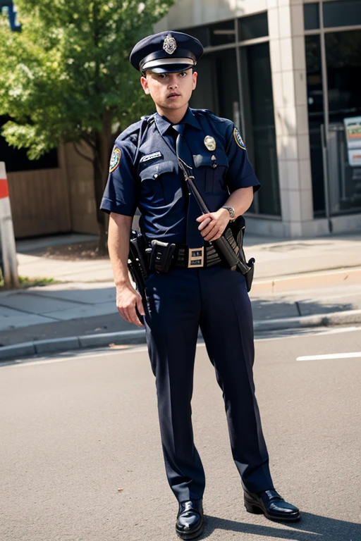 RAW photo of a UK police officer standing on the sidewalk <lora:British_Police_Uniform:1>