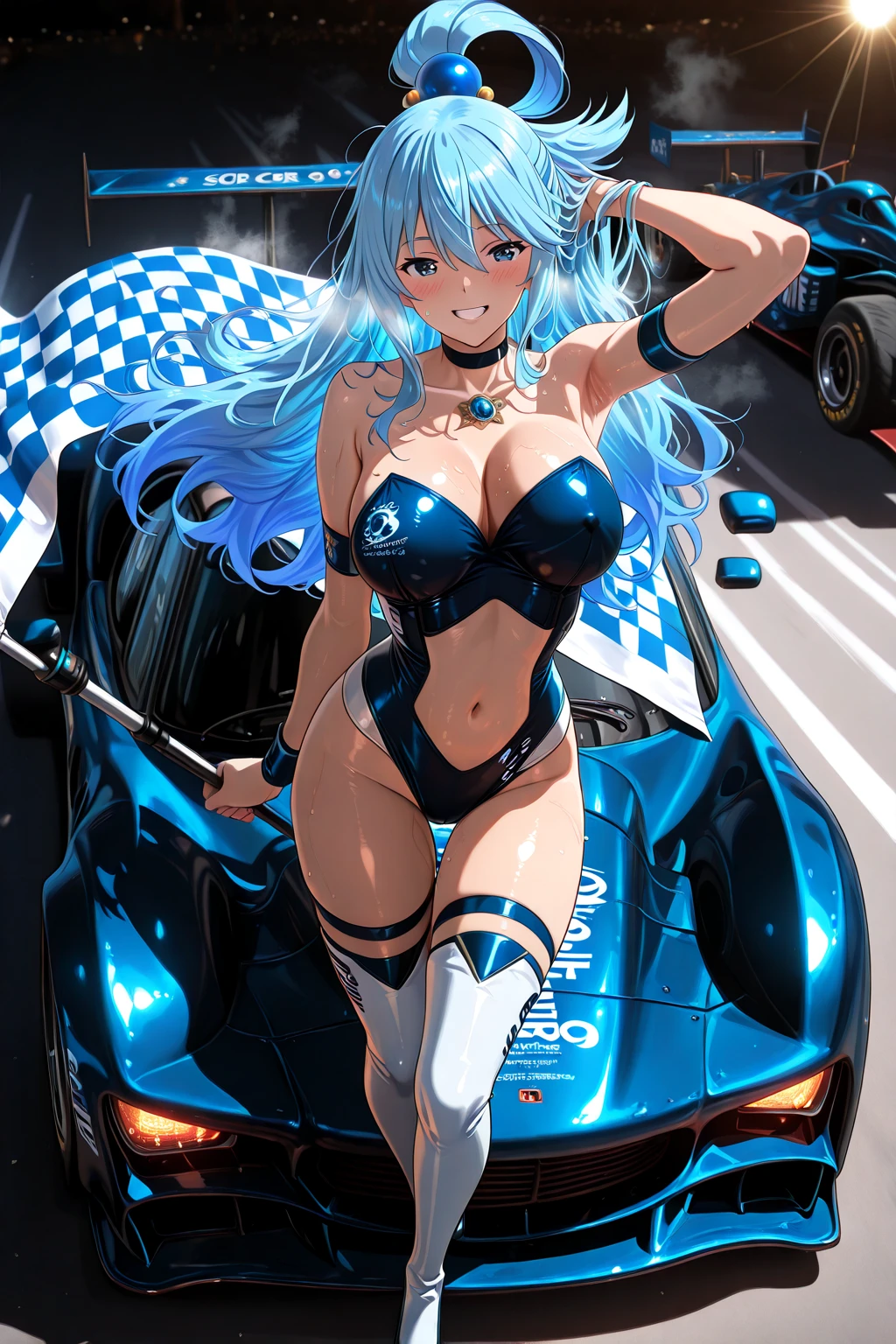 1girl, blue hair, large breasts, bunny ears, rabbit ears, wide hips, blue eyes, short hair, very short hair, science-fiction, tech, futuristic, machinery, full body, neon trim, bikini, black bikini, light smile, shoes, sneakers, blue trim, car, sports car, sport car