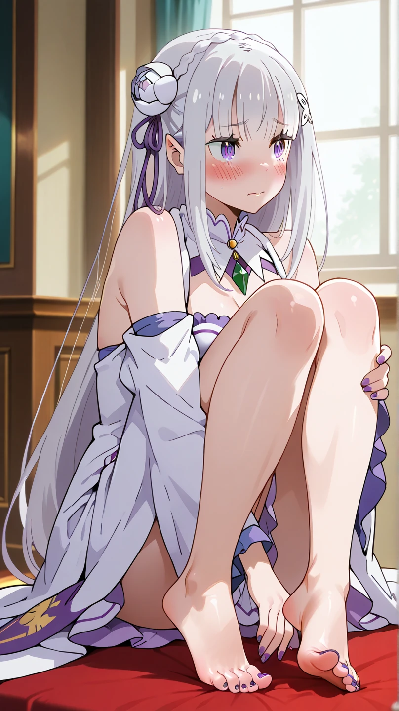 Anime background art, bottom of room, one bed, lying on a bed, beautiful anime scenes, 4K anime art wallpaper, 4k anime art wallpaper, Rosla global illumination, anime girl, best quality, detailed, 1 girl, alone, same as LORA, same as lora, closed mouth, light smile, white hair, head accessory, flower headband, long hair, defined eyes, purple eyes, elf ears, looking at viewer, lora costume, naked, perfect face, perfect eyes, showing her vagina, perfect vagina, legs open, open vagin.