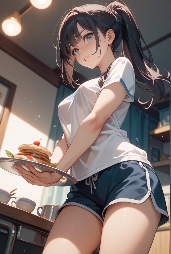 Masterpiece:1.2, Best Quality), 1lady, Solo, 17 years old, Little sister, Brown hair, Long straight hair, Pink Eye, serafuku, Slender, Cropped Top, sskirt, Dinner Time, embarrassed expression, Seductive thighs, white tights, You can see the panties through the skirt, Bewitching posture, Obscene, blushed, Model-like body, perfect legs, Perfect arm, perfect fingers, open your legs, masturbation, striped panties, embarrassed expression, hair band, snaggletooth, Sitting, Spread your legs apart, Joyful look, Confident Smile, Hearty laughter, Keep your gaze straight, A look at the audience