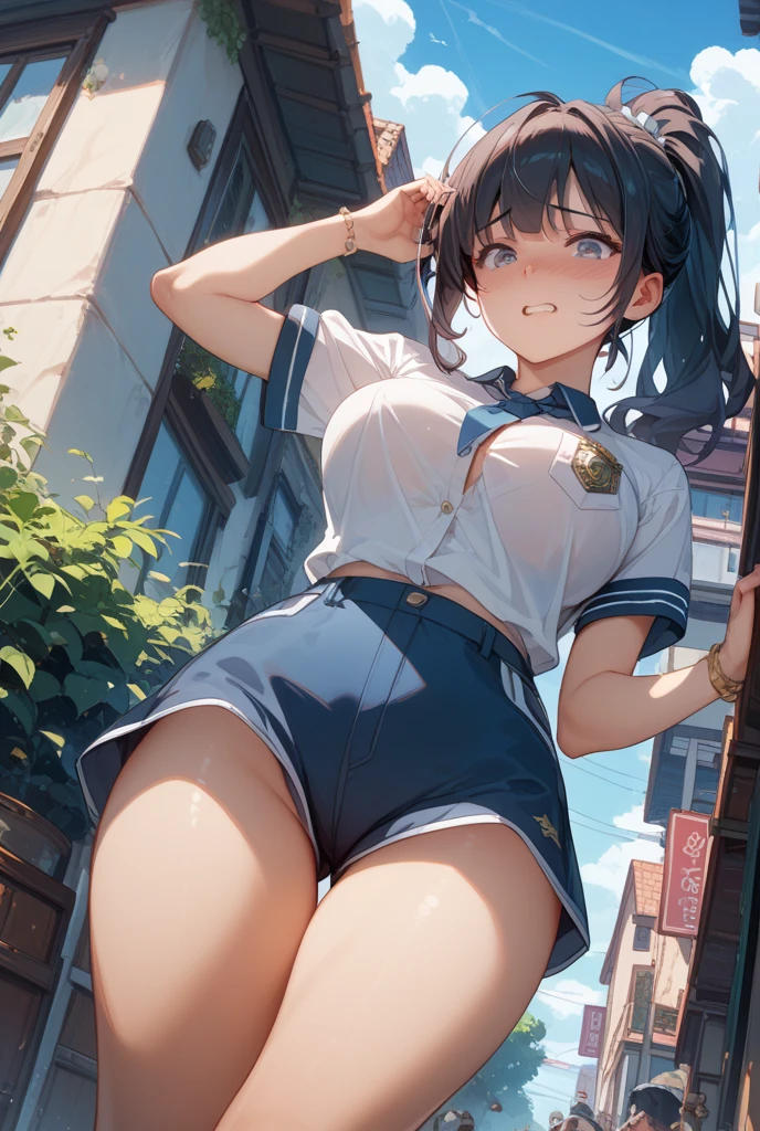 (((masterpiece, Highest quality, High resolution, 超High resolution, Perfect Pixel, Depth of written boundary, 4K, RTTX 10.0))), Beautiful Anime Woman, Beautiful art style, Anime characters, ((Smooth texture, Realistic texture, Anime CG Style)), Exact finger count、Exact number of legs、(Exact number of arms:1.0, Exact number of hands:1.0), (Perfect hands, Perfect Anatomy), Cinematic, Realistic, Extremely detailed CG, Daytime lighting, Perfect lighting, Best Shadow, The best natural light, whole body, Perfectly balanced style, A perfectly balanced body, (Slender body:1.2), whole body, ((bangs, Dark brown hair, Stylish and cute bob cut)), ((A cute woman is standing with her skirt lifted to show her panties:1.3)), (((Female police officer:1.3), uniform, limited cap, uniformのボタン, tie, uniformのジャケット), Leather shoes, Name tag, uniformのパッチ, Police Badge, boots, Epaulettes, uniformのスカート:1.3), (Sexy and cute panties, Shiny satin light blue panties, Side-tie panties, Panties with plain light blue center and lace decoration on the sides, Thin panties:1.3), (beautiful and very large breasts:1.1), Feeling embarrassed, (blush:1.2), (Embarrassed expression:1.4), (In town, Cityscape:1.5), Angle from the front