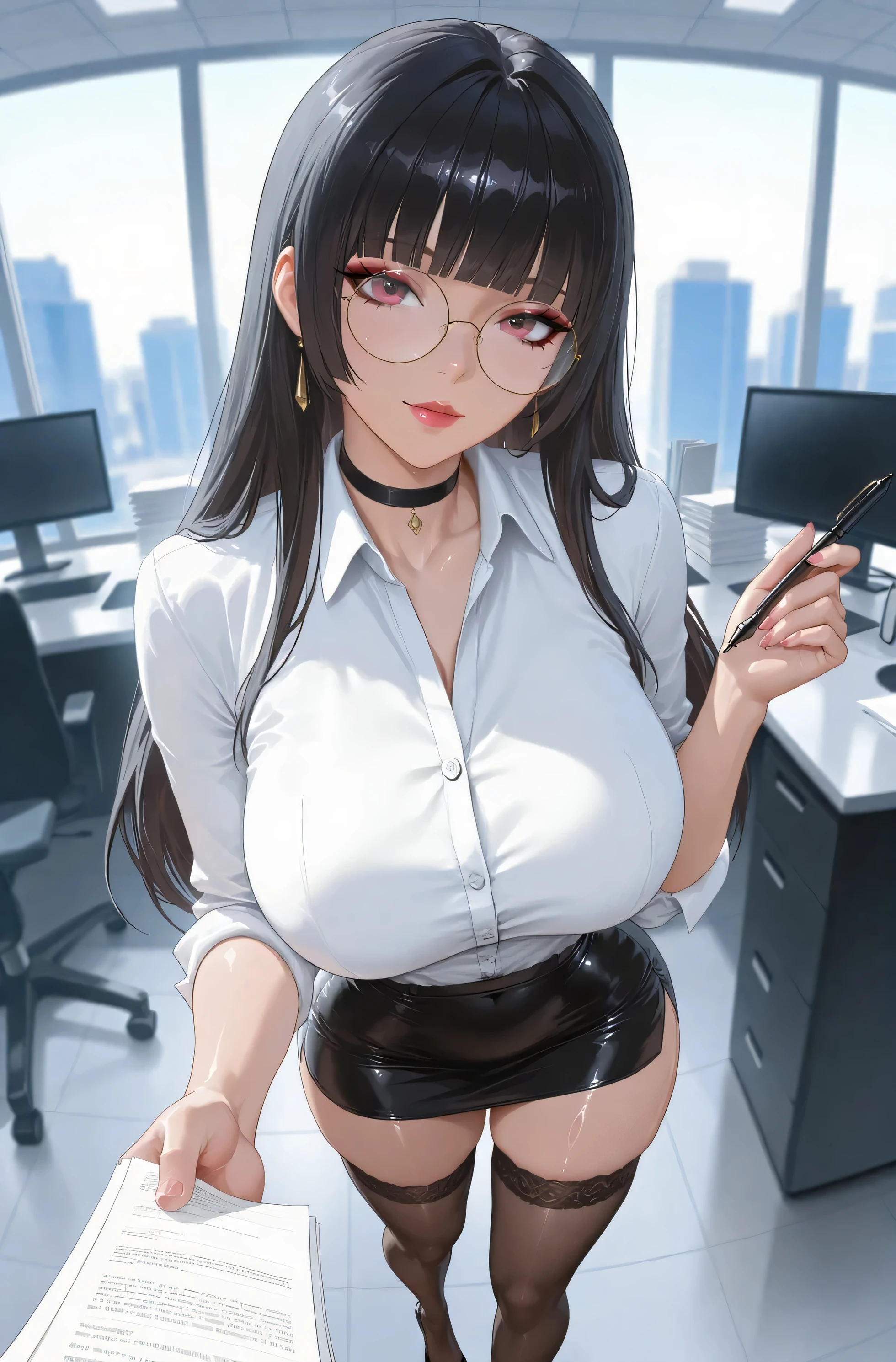((masterpiece, best quality, 4k)), 1girl, solo, long hair, black hair, purple eyes, glasses, tube top, blunt bangs, straight hair, tongue out, huge breasts, wide hips, thick thighs, thick lips, indoors, cubicle, office, plants, computer desk, microskirt, succubus horns, devil wings,