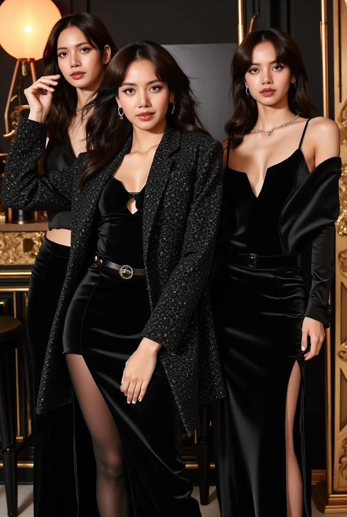 Create 4 poster images for a new fashion collection from N'Lin Store, targeting young women aged 25-30 with a sophisticated and trendy style. The images should be inspired by successful campaigns from luxury brands like Chanel and Gucci. Each poster should feature a different pose and expression from the model, reflecting an elegant and high-class aura. The background and setting should remain consistent across all images to create a cohesive visual identity. The overall tone should be refined and luxurious, with the model's expressions and poses showcasing confidence, poise, and the essence of modern, stylish femininity
