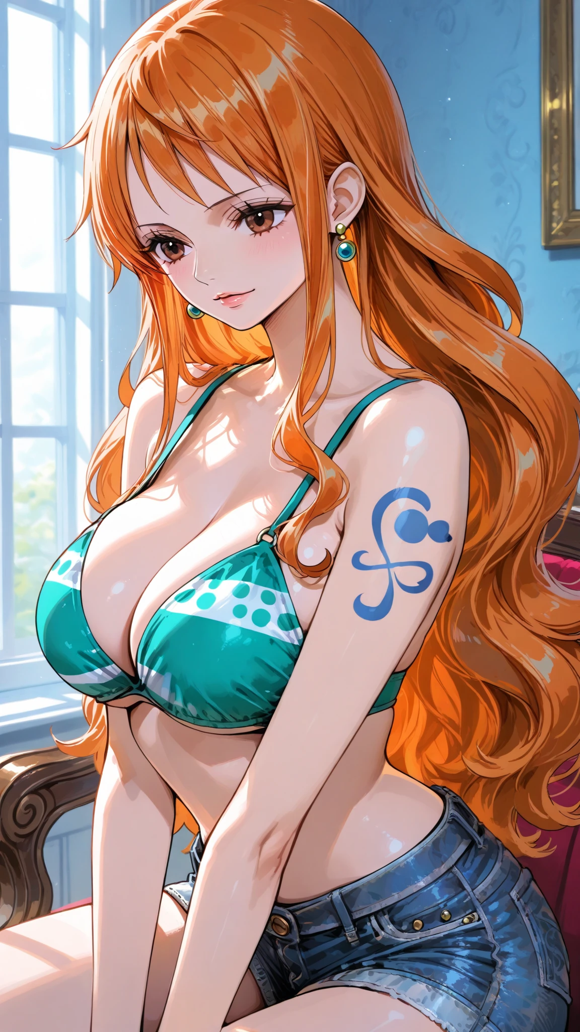 Cartoon photo of a woman in a bikini top and jeans, we one piece, we From 1 piece, we, beautiful portrait of we, From 1 piece, tits, blue eyes, smoking, ponytail, Browsing Caution