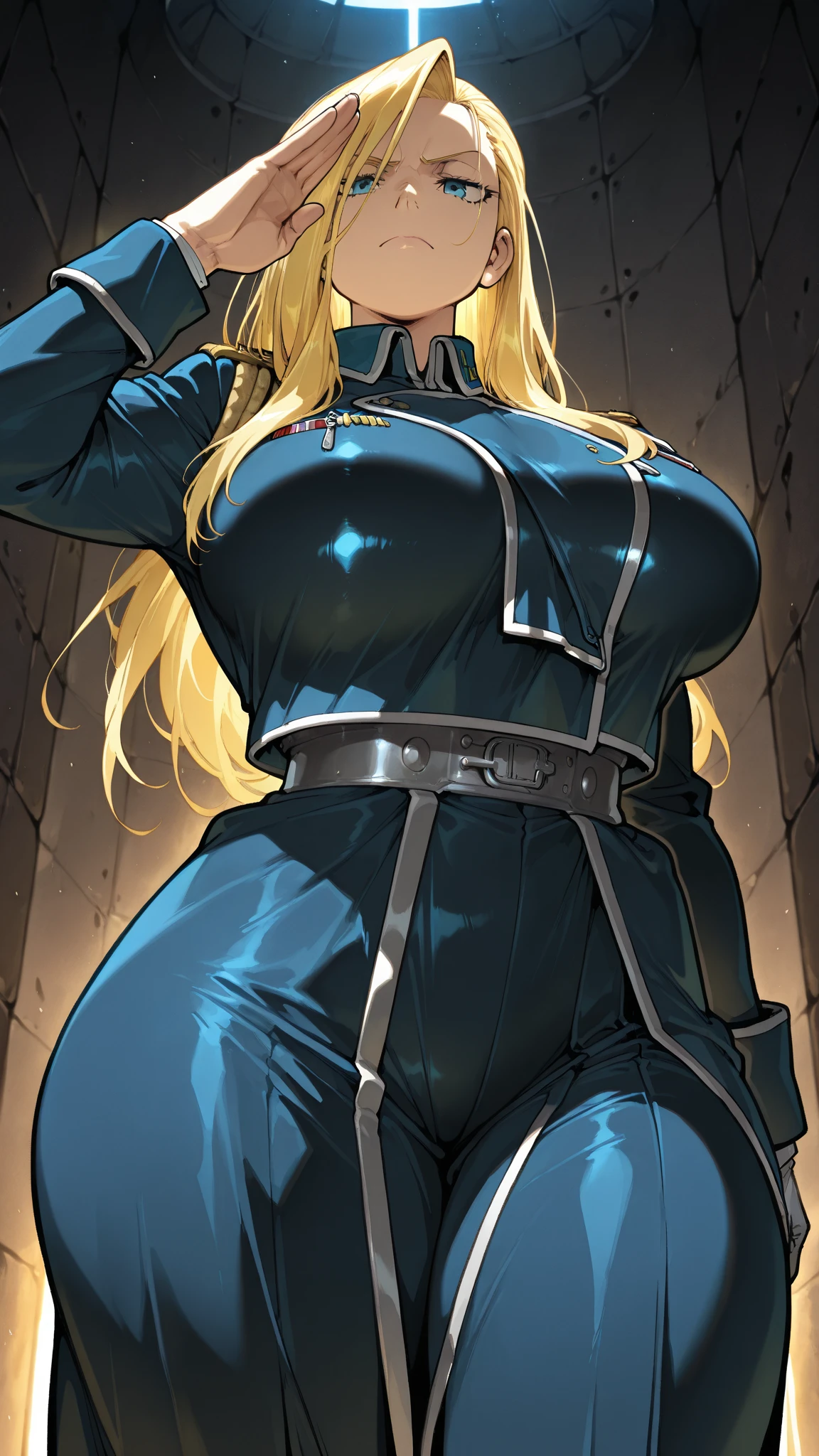 Vault-girl, vault 111 jumpsuit, 1girl, bursting breasts, breast expansion, large breasts, crossed arms, vibrant blue eyes, blushing, long blonde hair,