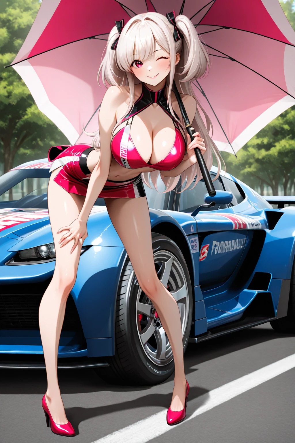 16k, High resolution, Ray Tracing, RTTX 10.0, Ultra-realistic, High resolution, Wide-angle shot, highest quality, masterpiece, Full body image, (perfection anatomy ), Long black hair, Happy laughter, blue eyes, Sexy Body, Looking at the camera, at night, Anime Style, Trending on ArtStation, WLOP, sakimichan, Awards, Great composition, perfection, great lighting, sitting on the hood of a porsche 911, 1 set, Car Girl, racing girl、Camel Toe、Giant tit、Nipple Puffs、Cleavage、Plump、Super big breasts、Super big butt、Temptation、lure、Parasol、Blonde gal、Earrings、Earrings、necklace、Thick lips、Heterochromia、Bracelet、Caster wheel、first round、hair charm、Lip gloss、eye shadow、long false eyelashes、well-groomed eyebrows、Tear bags、Lip gloss、Red lipstick、Eyeliner、red cheek、Headband、ribbon、Manicure、Pedicure、nail