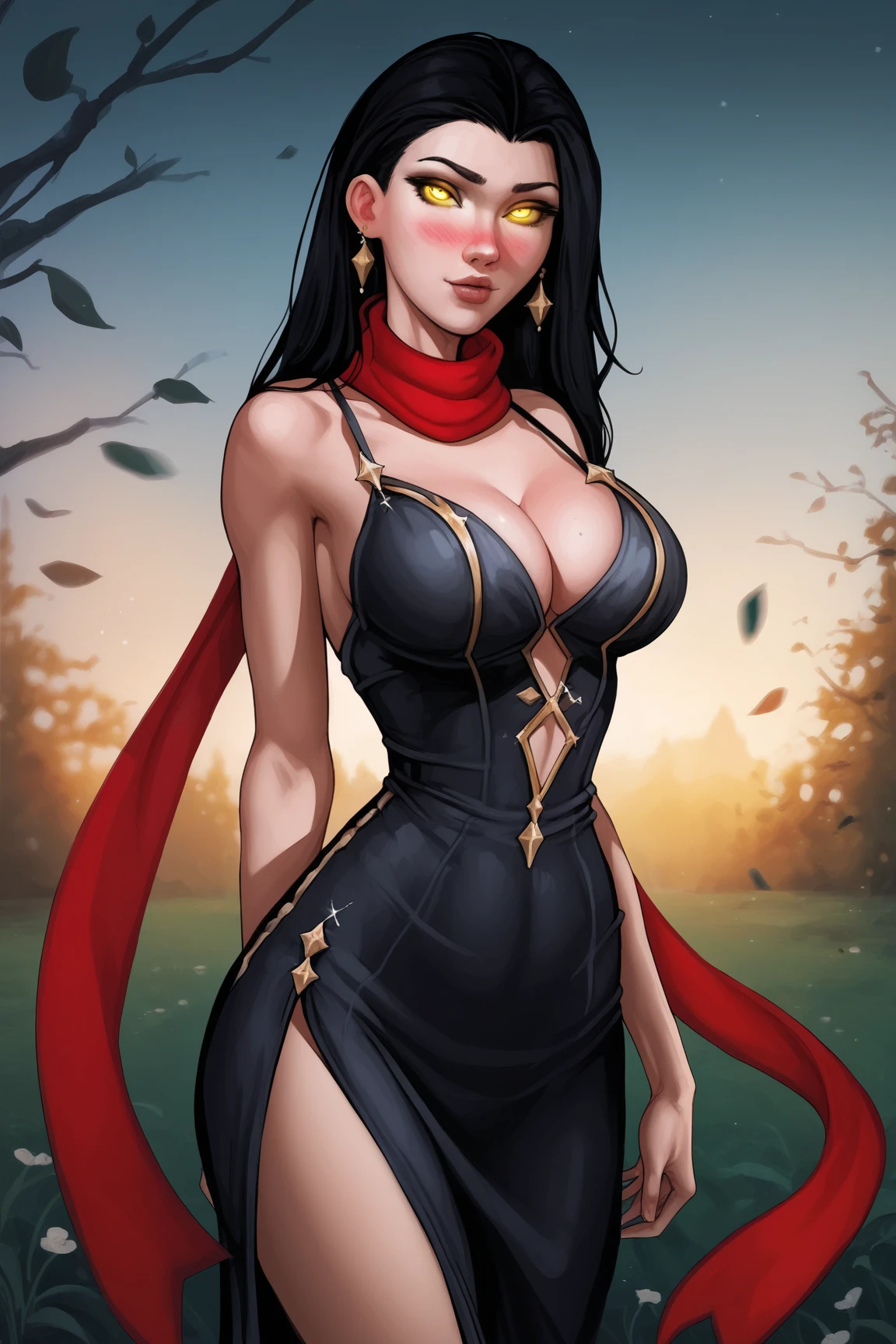 medieval setting, full view of body, 1 skinny female with large breast, beatiful smokey green eyes, black hair pinned up, elegant off-shoulder strapless midi dress, red scarf around her neck, eerie sunset