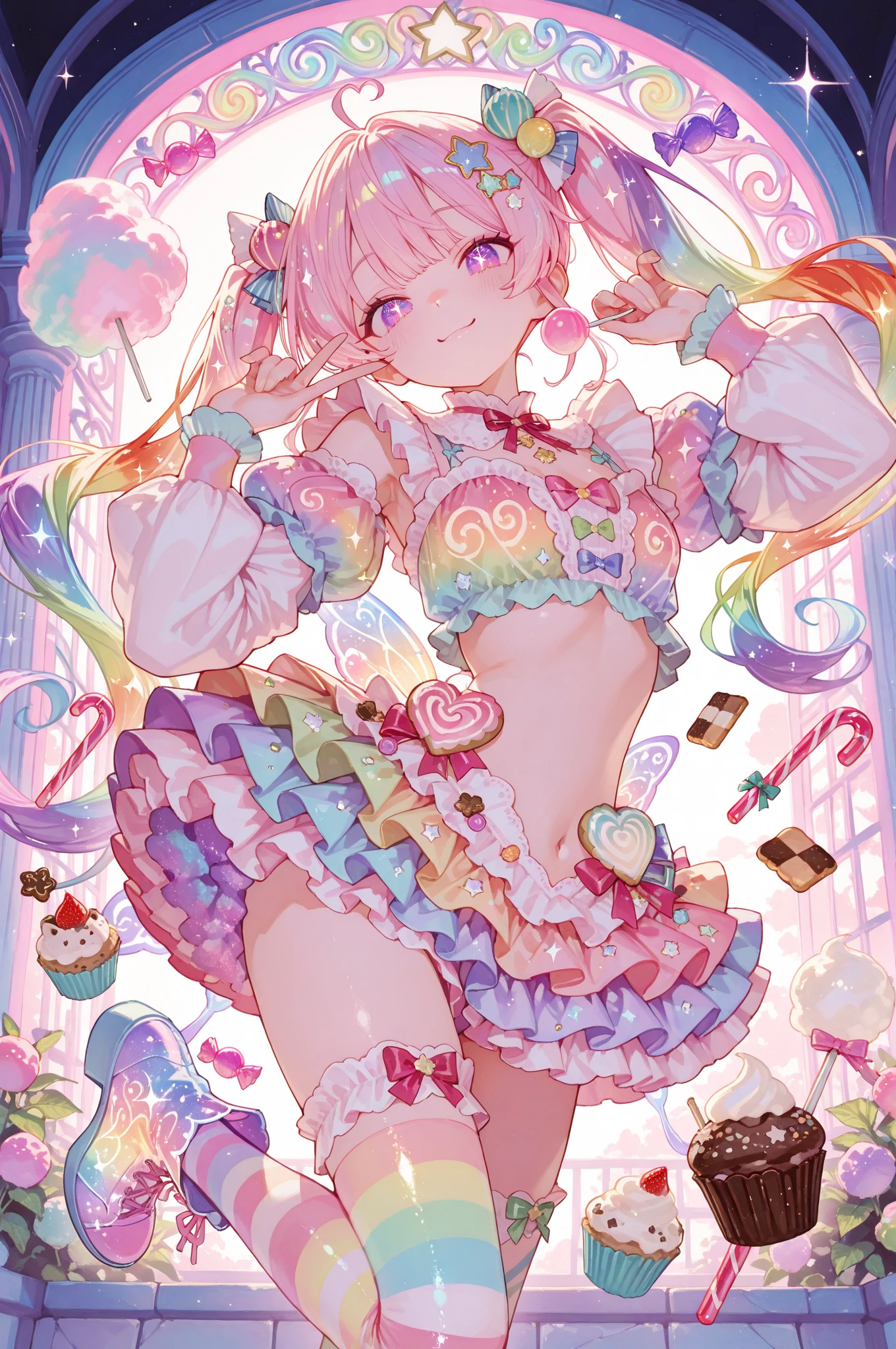 A tan fortune cookie GIRL cat with her lower half dipped in pink cream or melted chocolate. She has faint blushed cheeks and one eye is squinting, her mouth wide open. She has a sky blue crimped bow on each ear, and a fortune sticks out of her side. SPARKLE; GLITTER