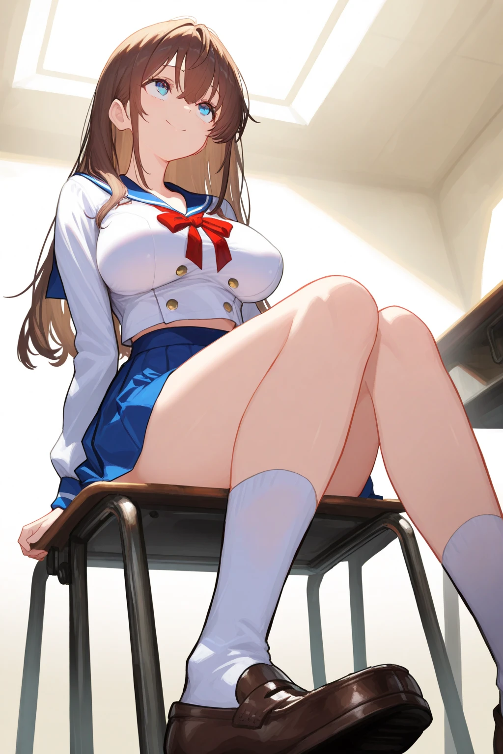 ((masterpiece、top-quality))、(Full body drawing:2)、Sit in front of the camera、Frontal shot、独奏、one girls、stairs at school、Classroom、sit in、(M-shaped legs:1.6)、Sit with your legs open、I can see my panties、sexy panty、Black sexy underwear、String panties、Clothes that are see-through with sweat、Perfect body、Mature look、tall、Tall Beauty、face perfect、Cute and beautiful face、Cute and beautiful girl、Elaborate and detailed faces、Beautiful hair、A dark-haired、(poneyTail:2.3)、Long hair that reaches to the waist、japanes、18year old、Dressing、(校服:2)、(student clothes:1.5)、White and black sailor suit、a sailor suit、Detailed and elaborate costumes、pleatedskirt、Detailed and elaborate costumes with beautiful frills、a miniskirt、(knee high socks:1.3)、Black socks、(garterbelts:1.8)、high-heels、hi-school girl、(Mean and evil smile:1.3)、Lightly open lips、Moist eyes、wide Shots、full-shot、constricted hips、thin-waist、clong legs、Beautiful feet、Skinny Legs、thick thight、(Huge ass:1.2)、perfect buttocks、perfect chest、See-through Valley、Bust with tension、Bust sticking to costume、(large full breasts)、