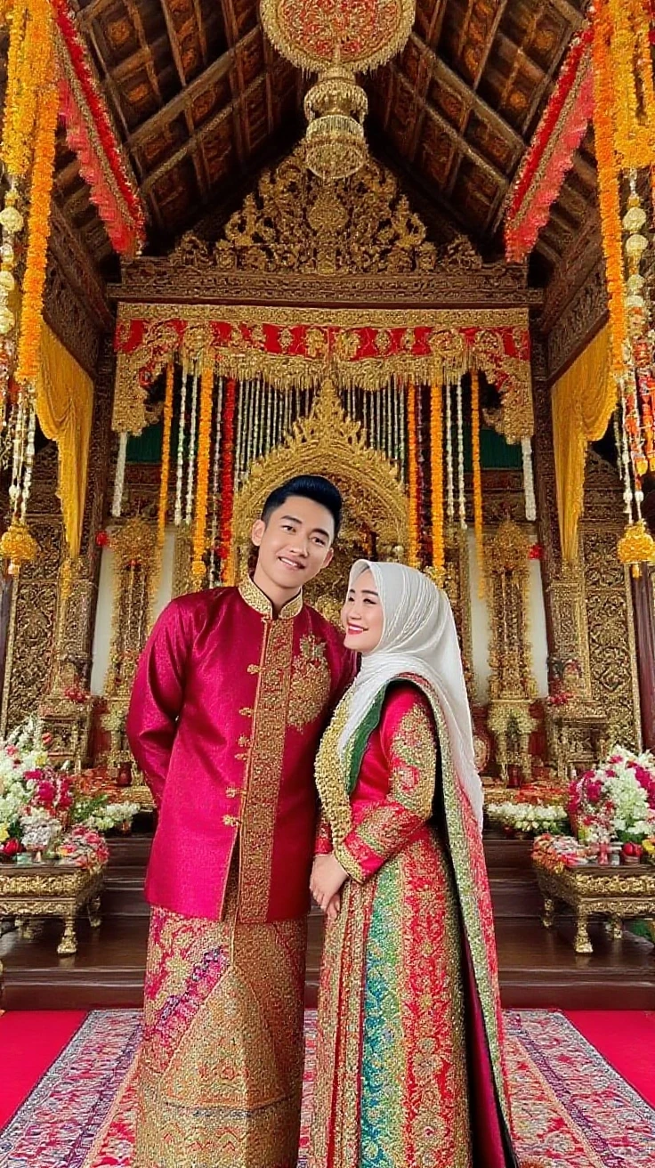 make a photograph, wedding of a real Malay man and woman, beautiful woman in a luxurious dress, Woman wearing hijab,long white dress,handsome man with smooth face,standing holding a dowry frame with a picture of a magnificent mosque and inscribed ("MINGKAK"&"LIA")neon, background of wedding decoration Source