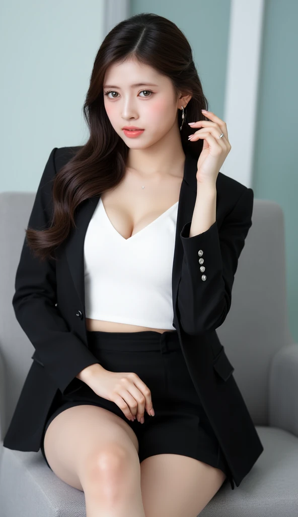 ltra-detailed、Japanese、attractive beauty、Dainty woman、piercing eyes、cool girl、wavy hair、suit、Jacket、blouse、Tight Skirt、black pantyhose、evil female executive、evil depravity、brainwash、lacy fabric、Glossy legs、lipstick、lip gloss、smirk、wickedな表情、Suspicious look、empty eyes、wickedなほほ笑み、grin、wicked、in the darkroom、lure、pendant