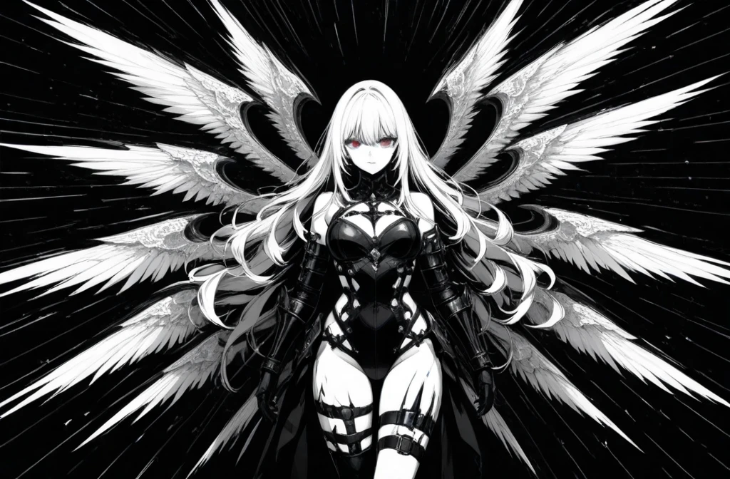 Pen black and white manga, grayscale, Japanese master black and white anime works, great line art, full body portrait of a woman with white hair and white skin from Kushanji, real dim light and shadow, light and shadow following, beautiful figure painting, height 180cm, Guviz, Guwiz style artwork, white hair god, Yang J, epic exquisite character art, amazing character art, Fan Qi, Wu Jun Shifan, Guwiz at Pixiv Art Station