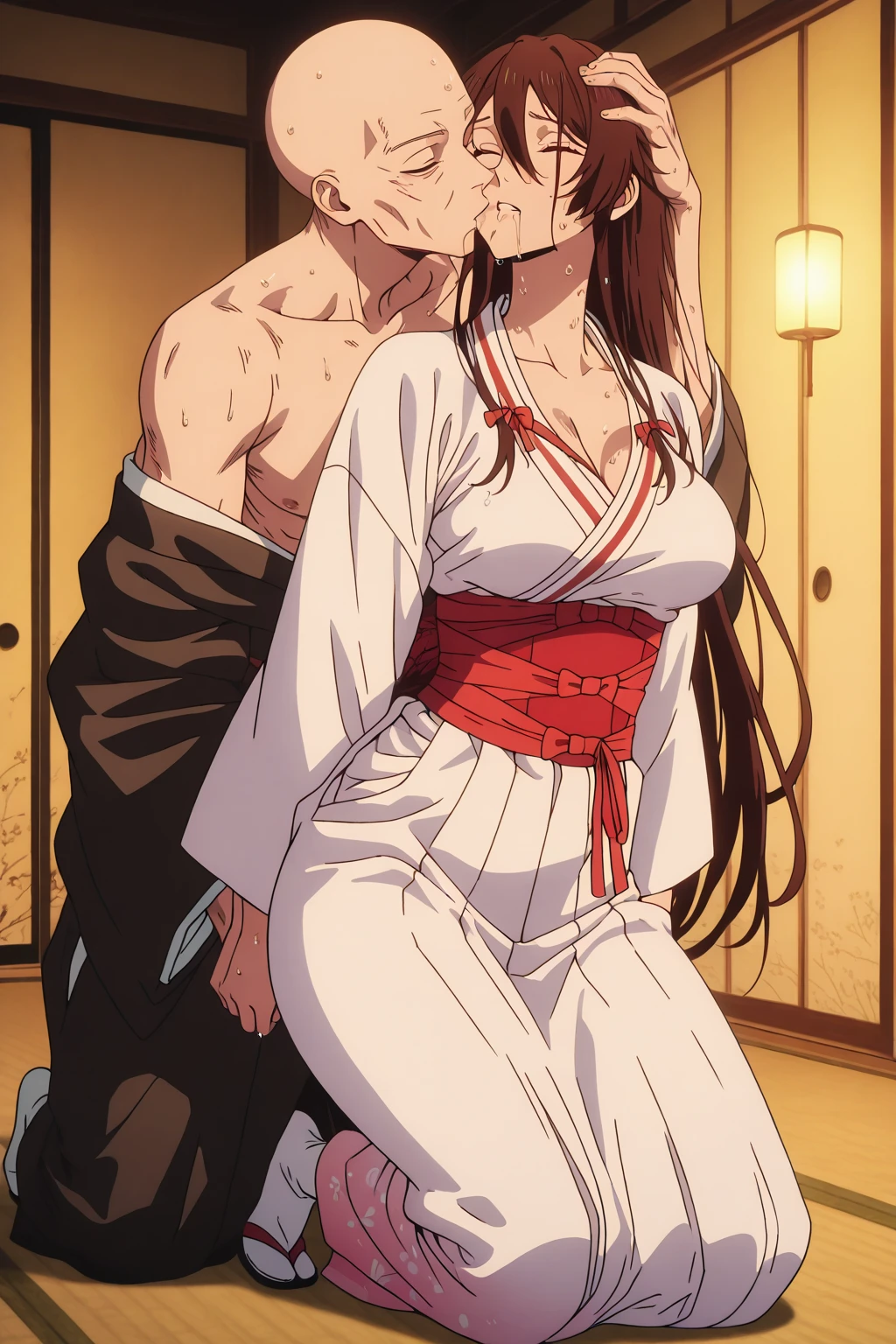 ((highest quality)), ((masterpiece)), (detailed), （Perfect Face）、（The woman is Princess Leona, with long, straight, light brown hair that she has down, a slender figure but a normal chest, a gentle smile, and is in a luxurious samurai mansion. The woman is naked and wearing luxurious accessories such as earrings, a necklace, and bracelets.）、A husband and wife are naked and peacefully embracing each other. The woman leans towards her husband and the man embraces his wife. The husband is 60 years old and the wife is 32 years old.、The man is Oda Nobunaga, naked and dignified with a beard