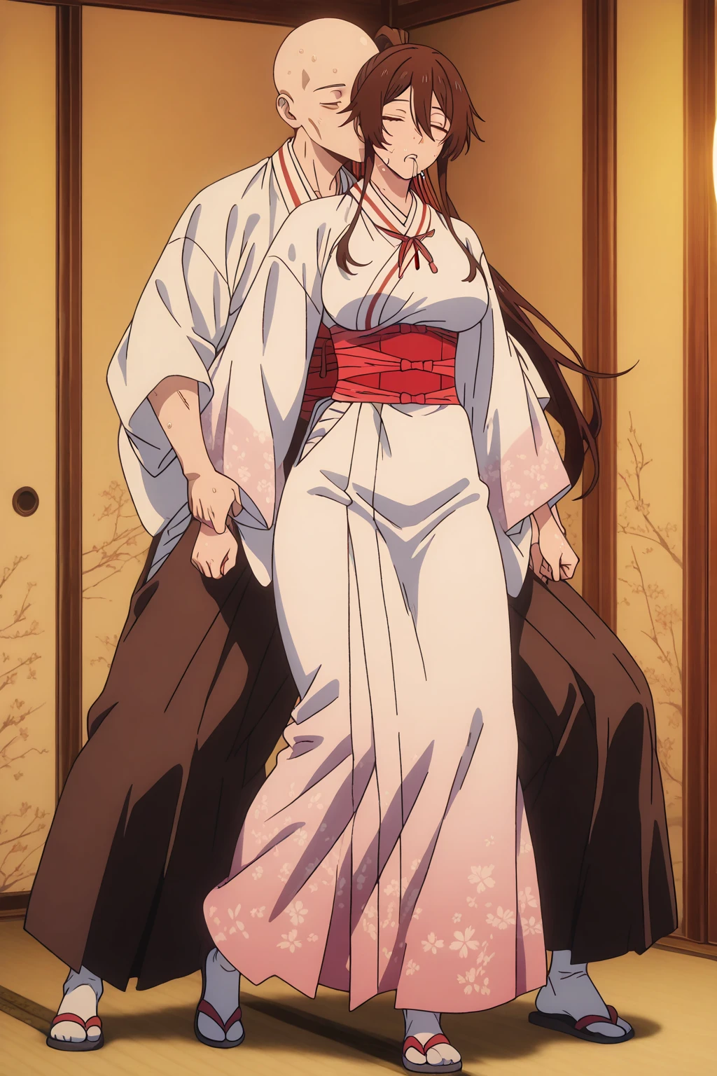 A beautiful 15-year-old princess from the Sengoku period with long black hair Gorgeous embroidery, Ultra glossy, She is wearing a shiny Japanese wedding kimono worn by brides(white without dirt)I am wearing.... On her wedding night, she has intense sex with an older man