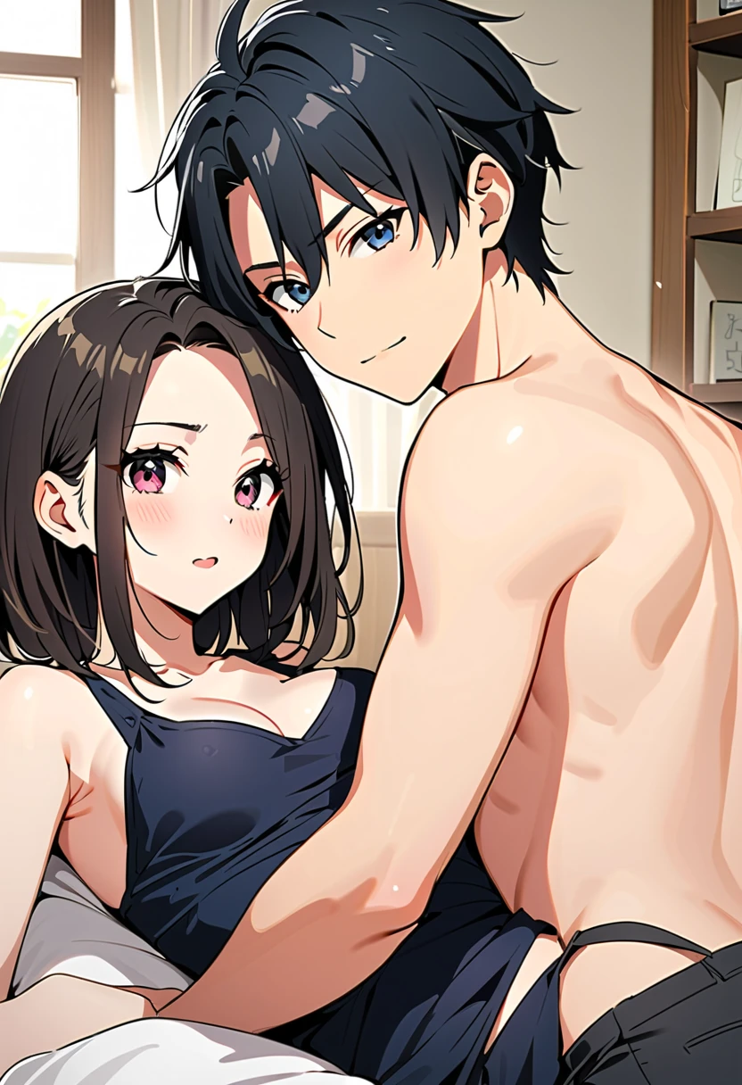 masterpiece:1.6, best quality), finely detailed beautiful eyes: 1.2), colorful, shinkai makoto, kimi no na wa., 1boy, buzzcut, muscular, brown eyes, , boy caressing girl's body, breast groping, breast grope, hold breast,1girl, bangs, black hair, waterfall braid, red ribbon, long hair, blush, bow, brown eyes, pink bra lift up, medium breast, pink , , pink panties, indoors, sit, sitting on bed , bed,bedroom, lamp, cowboy shot, face to face, lick cheeks