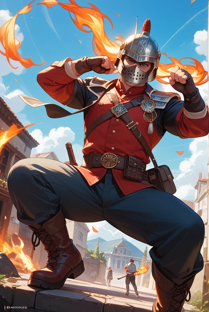 (zPDXL), (((cowboy shot))), (((dynamic pose))), (((dynamic angle))), sehele style, webtoon, anime, centered, perfect hands, 1boy, 1man, beard, Burnished copper color hair locks that often fall across his forehead, Fiery burning orange eyes, A leather tunic in color of red and orange, adorned with intricate metalwork resembling flames; (((his pants are dark brown with subtle embroidery resembling embers and sparks))), outdoors, medieval fantasy, <lora:sd_xl_dpo_lora_v1:1>, <lora:Seunghee_Lee_Style_PDXL:1>