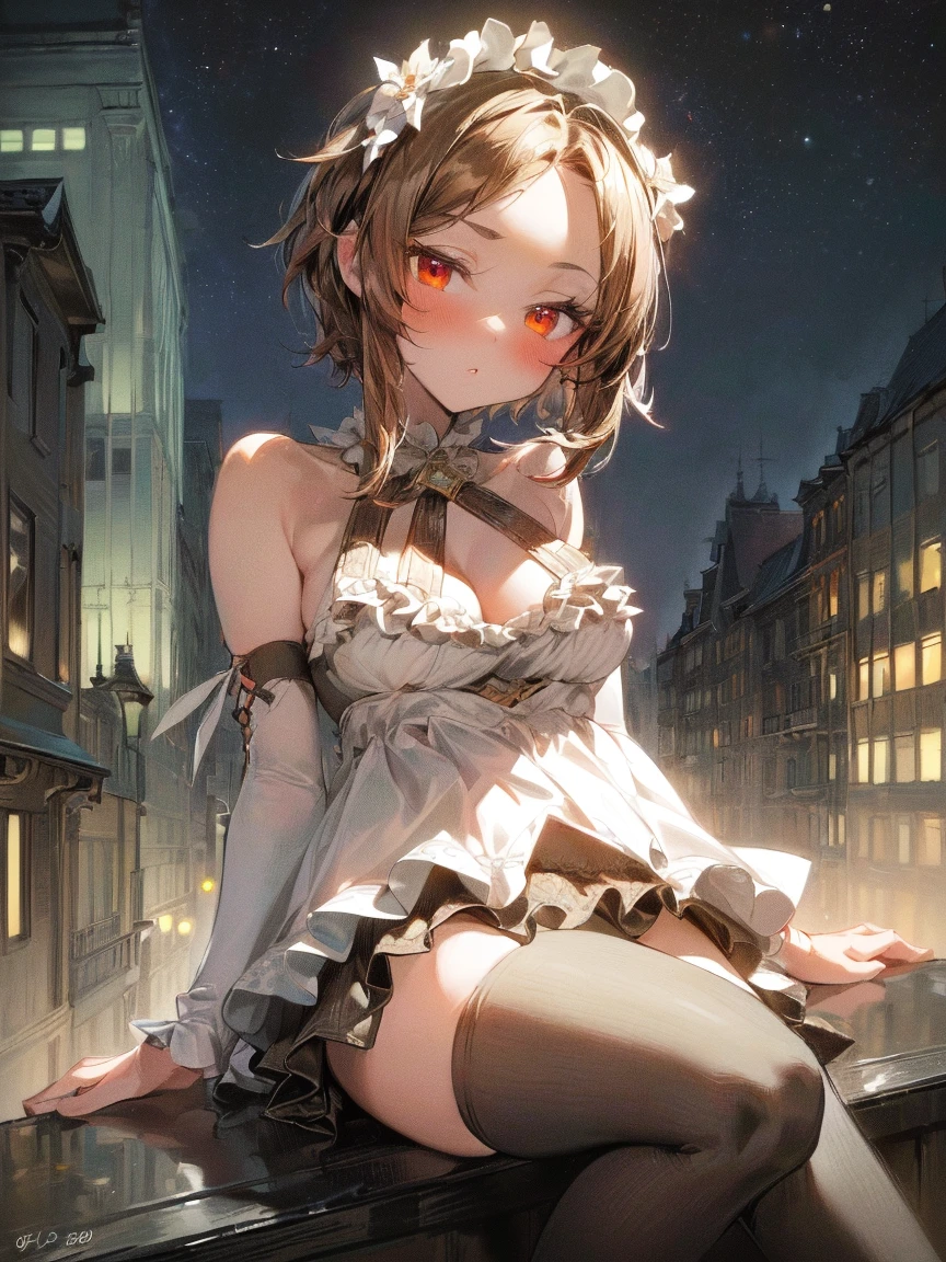 ((Masterpiece)),(Professional Photography:1.2), 8K, cinematic lighting, very messy medium hair, Cute teenage Beautiful girl, (sit on the rooftop, spread my legs), beautiful, (exposed small breast and thigh), badly ragged cute white-babydoll, very blush, smile face ((Slender small breasts)), Textured skin, cat ears, Pale brown hair, slum street, beautiful flowers