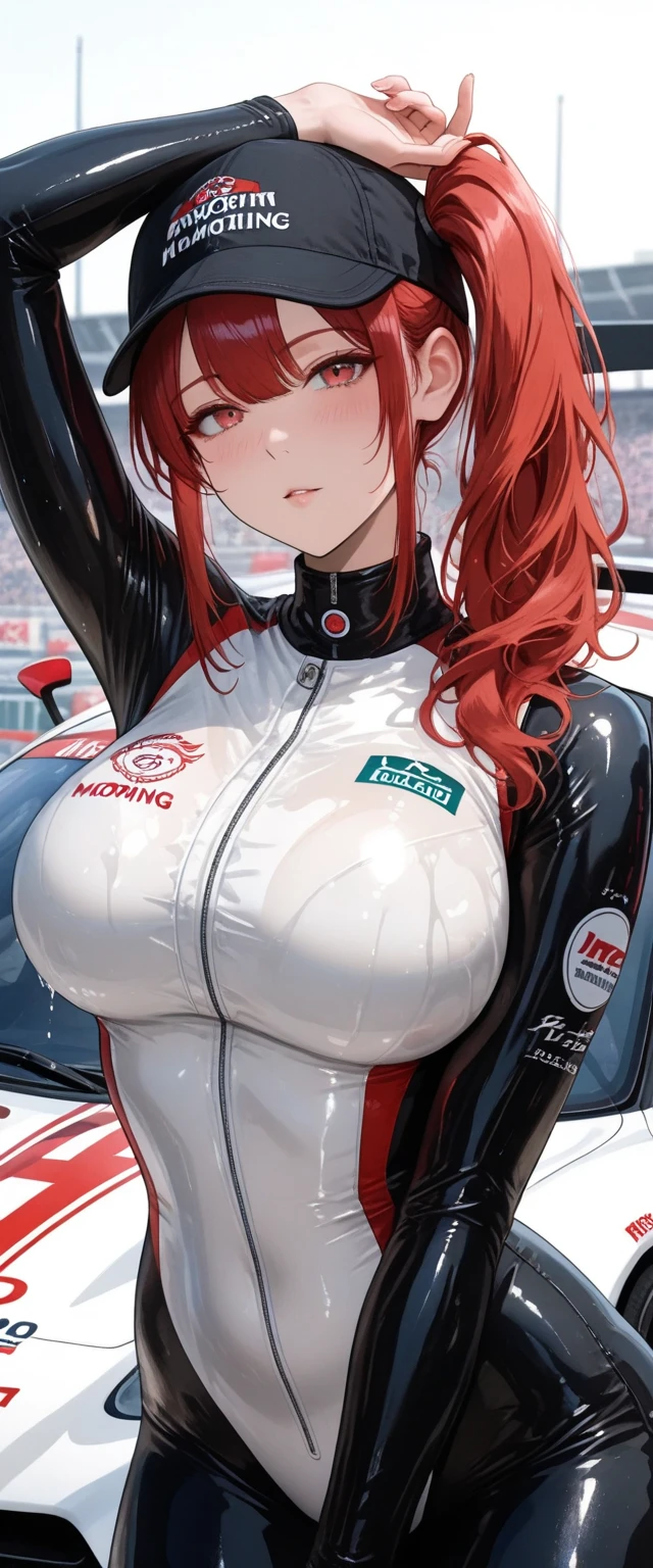 cute pit girl,(((1girl))),((pit girl with extremely cute and beautiful red hair)),

(huge breasts:1.4),saggy breasts,(((red voluminous hair:1.35,absurdly long unkempt hair,colored inner hair,ear breathing,large hair))),((heterochromia:1.5, (red_eye and pink_eye))),intricate eyes,beautiful detailed eyes,symmetrical eyes,((fat)),(((lustrous skin:1.5,bright skin: 1.5,skin tanned,shiny skin,very shiny skin,shiny body,plastic glitter skin,exaggerated shiny skin,illuminated skin,wet legs))),(spider lower abdomen,narrow waist,wide hip,athletic body,inflated legs,detailed body,(detailed face)),

cute,slutty,seductive,erotic,(nsfw),

zettai ryouiki,(((race queen style costume, attractive companion costumes,pit girl costume))),(magenta suit unbuttoned,magenta costume),(((huge cleavage))),cleavage cutout,((wet clothes,intricate outfit,intricate clothes)),

(dynamic pose:1.0),solo focus,embarrassed,(centered,scale to fit dimensions,Rule of thirds),

cyberpunk city by the ocean at night, with bright neon signs and dark stormy clouds and puddles, scenery:1.25,

artistic photography,(photography taken by sldr),highres, sharp focus, (ultra detailed, extremely detailed), (photorealistic artwork:1.37),(extremely detailed CG unity 8k wallpaper),((synthwave background theme)),(((vibrant colors))),(intricate background),(masterpiece),(best quality),