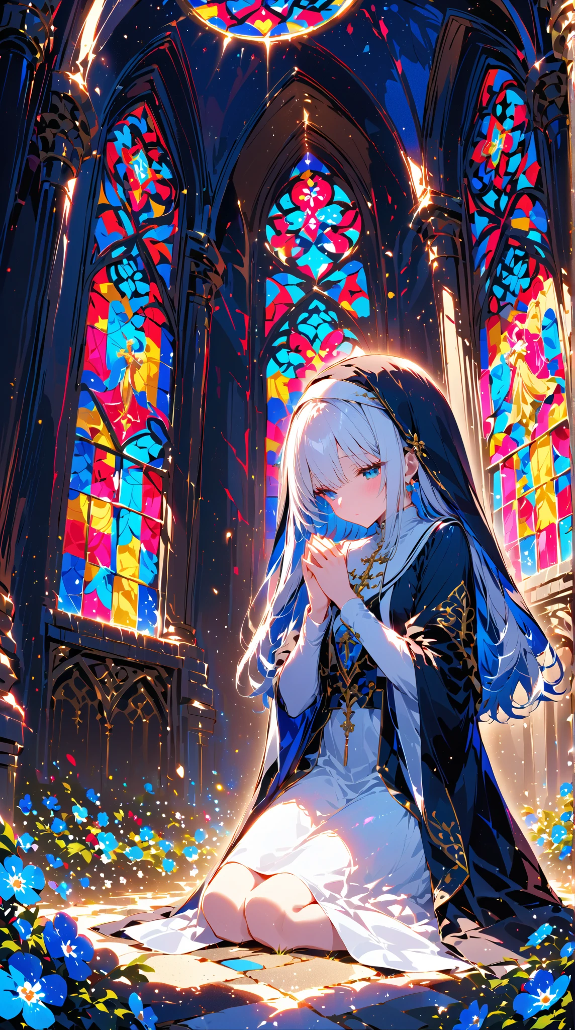 (((1girl))), high-definition, rich in details, church, stained glass windows, (brilliant sunlight: 1.3), cross, (flame: 1.2), full of wonders.
