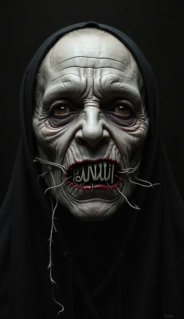 underneath the bed, a scariest old lady ever, is watching you, creepy, from the dark, very dark, black sheets, cinematic, dimmed colors, dark shot from the bottom, muted colors, grainy, lut, spooky