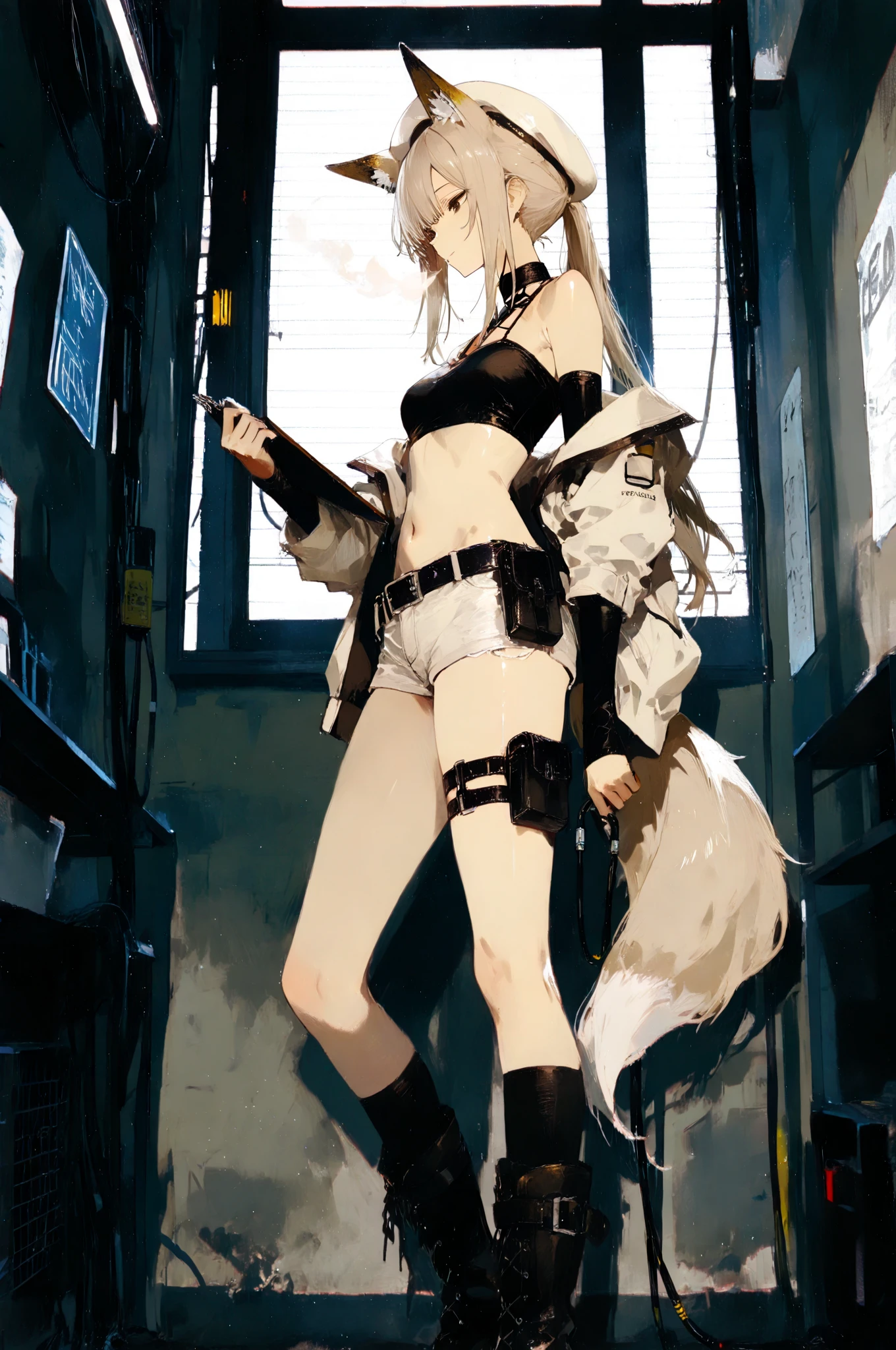 masterpiece, best quality, 1 woman, alone, Silver long hair, gray baggy pants, black tank top, Black boots, black fingerless gloves,  blue eyes, 