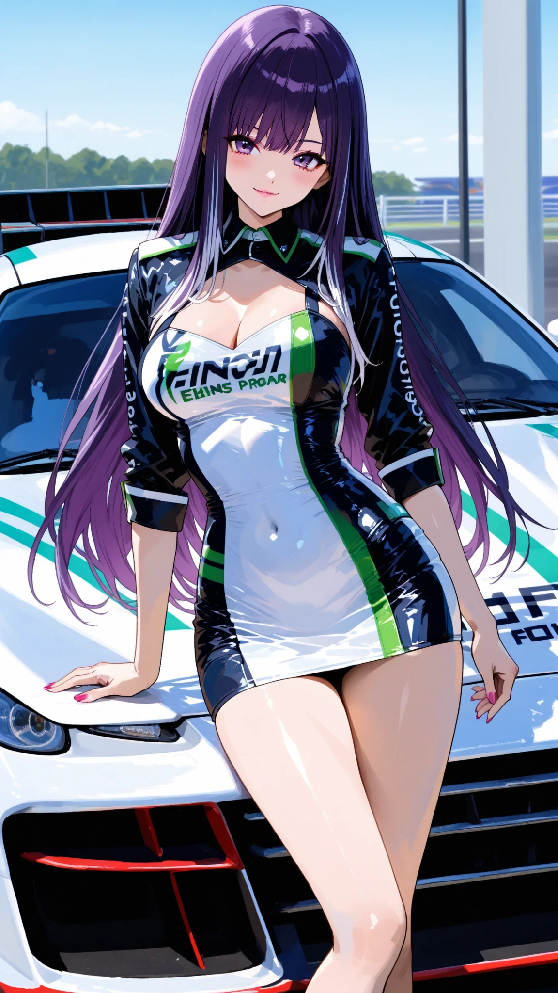 ((masterpiece,best_quality)),1girl, beautiful eyes,((izayoi sakuya,headdress,braids)),beautiful detailed glow,detailed, car, flag, smile,upper body, bare shoulders, see-through,(facing viewer),,thigh boots,elbow_gloves,race_queen,white legwear,(showgirl_skirt), <lora:racingmiku2011-000007:0.9>