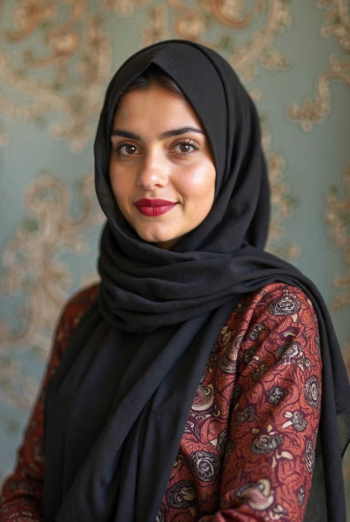 Fair and beautiful ,stunning ,curvy 46 year old Arab Muslim woman wearing a dark maroonish puce brown hijab and dark maroonish puce open abaya frock showing deep cleavage big breasts low neckline in depth of field apartment interior background , medium close up shot , shot on iphone 13 , professional photo , no makeup