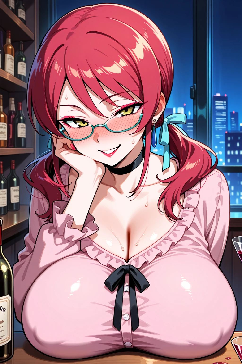 (masterpiece), best quality, expressive eyes, perfect face, short wavy red hair, , shortstack, black t-shirt, cleavage, black eyelashes, tongue out, face focus, untied hair, black glasses, freckles, green eyes, blushing, fast food restaurant, standing
