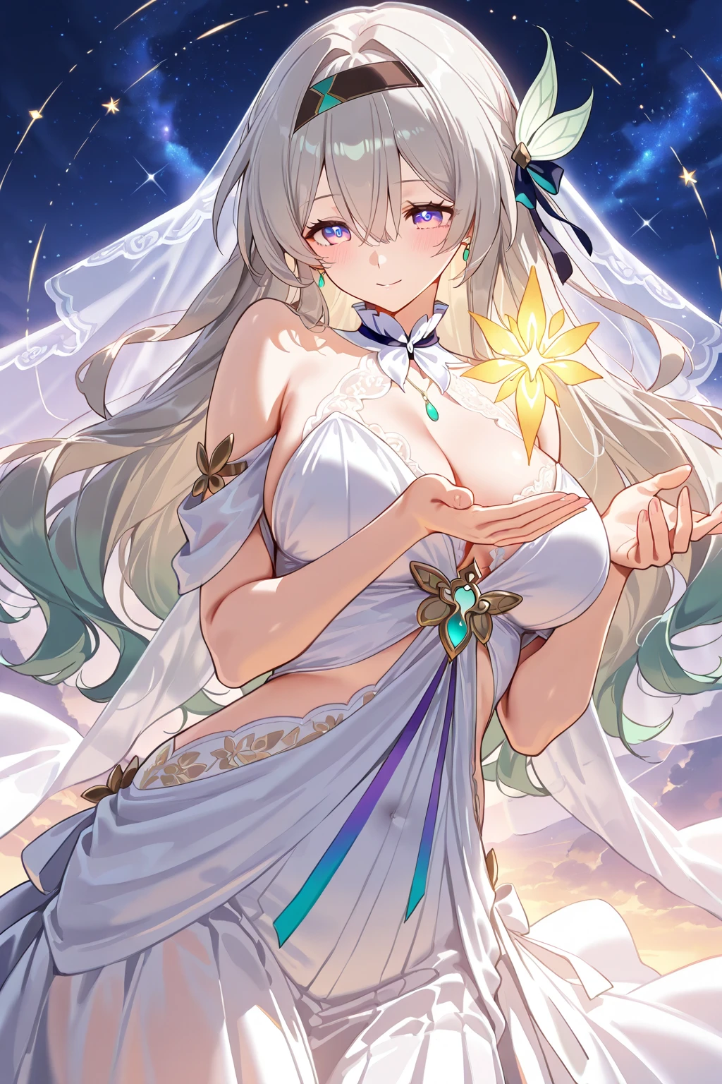 Anime older girl with long gray hair and gray eyes, wearing a flowy dress that follows her movements with bangles and bracelets on her wrist and a veil on her head, with bright decorations surrounding her